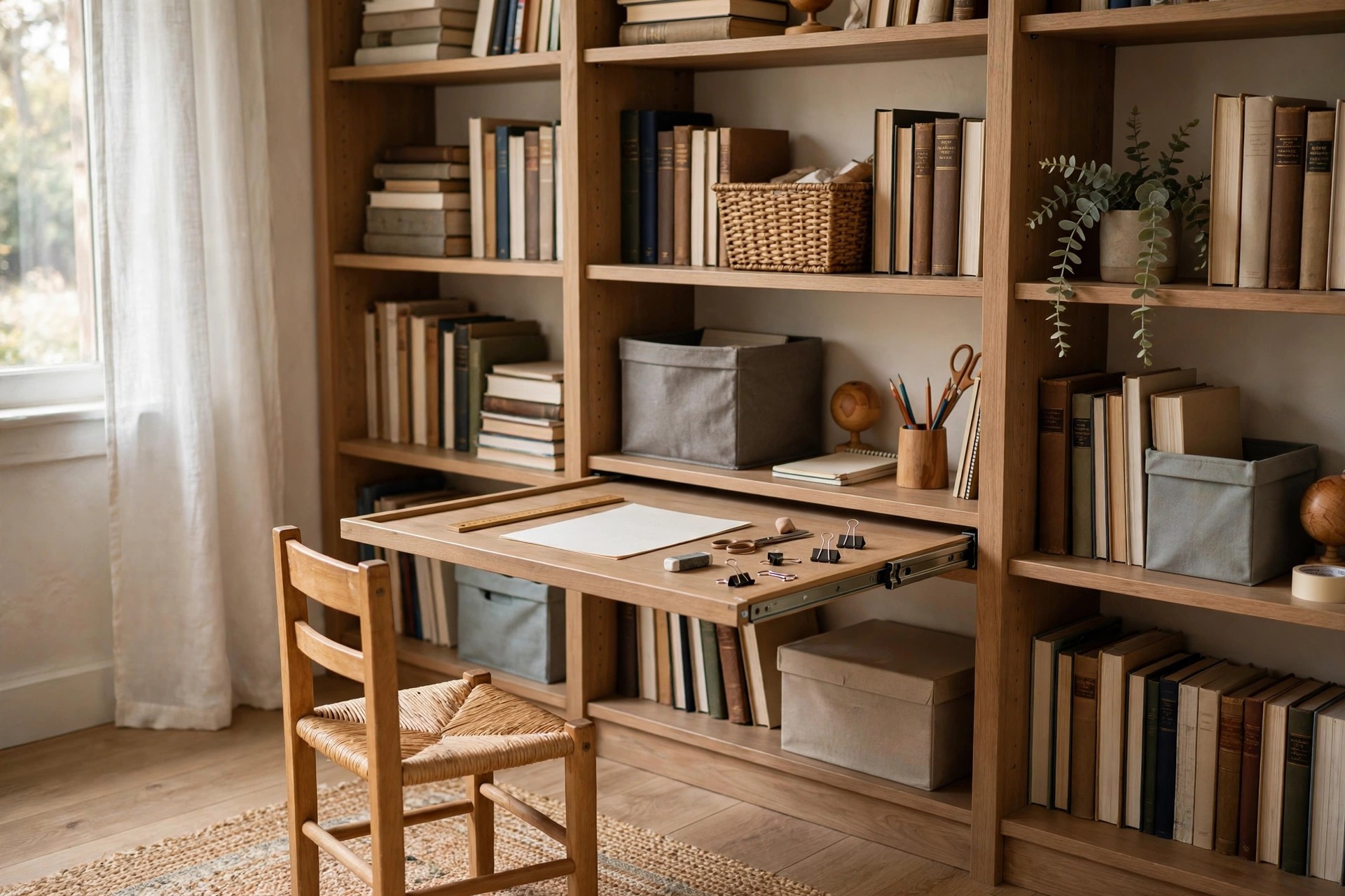 Bookshelf wall homeschool corner with a pull-out tray table and organised shelves in a small home