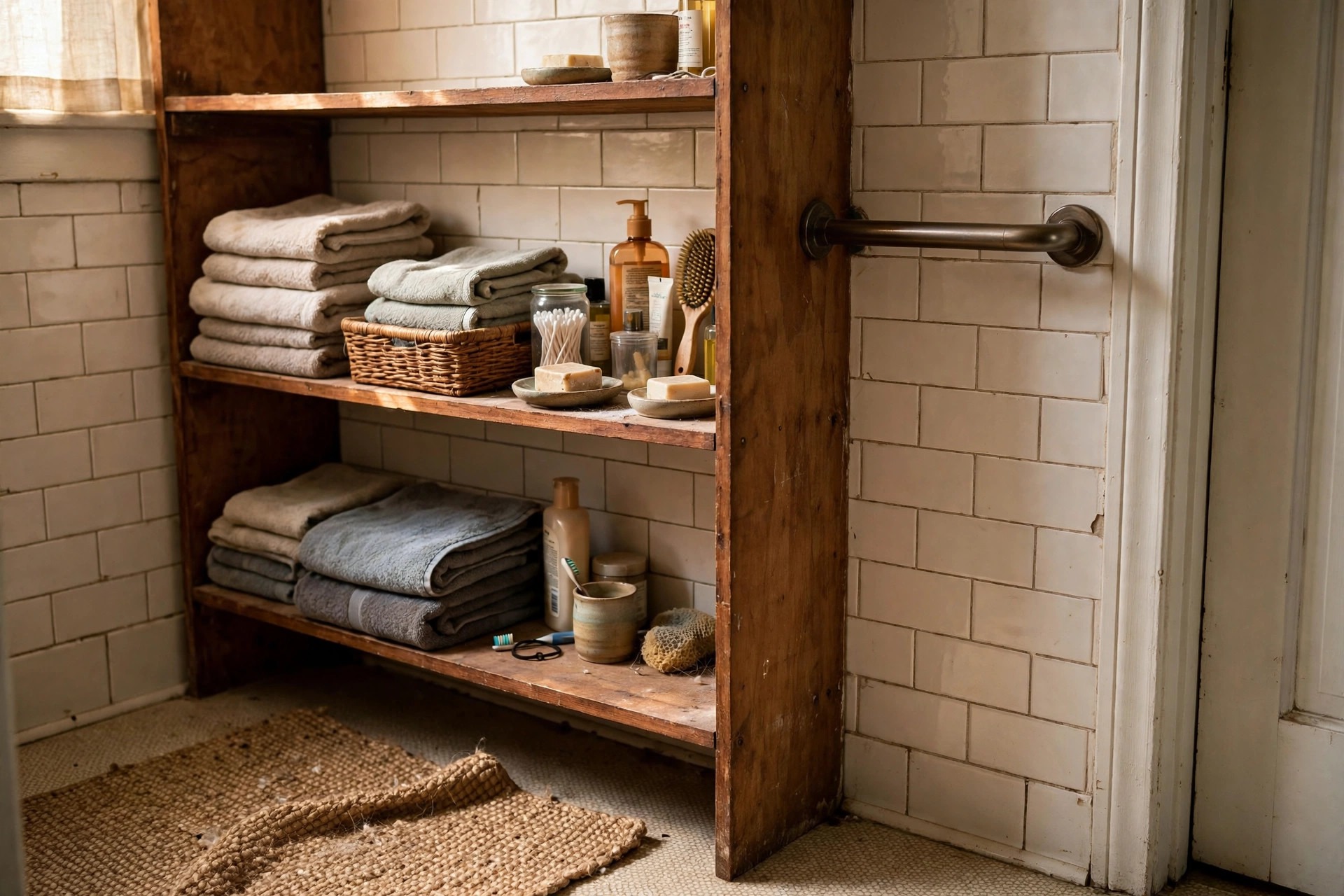 Open bathroom storage shelves kept between waist and shoulder height in an aging in place bathroom