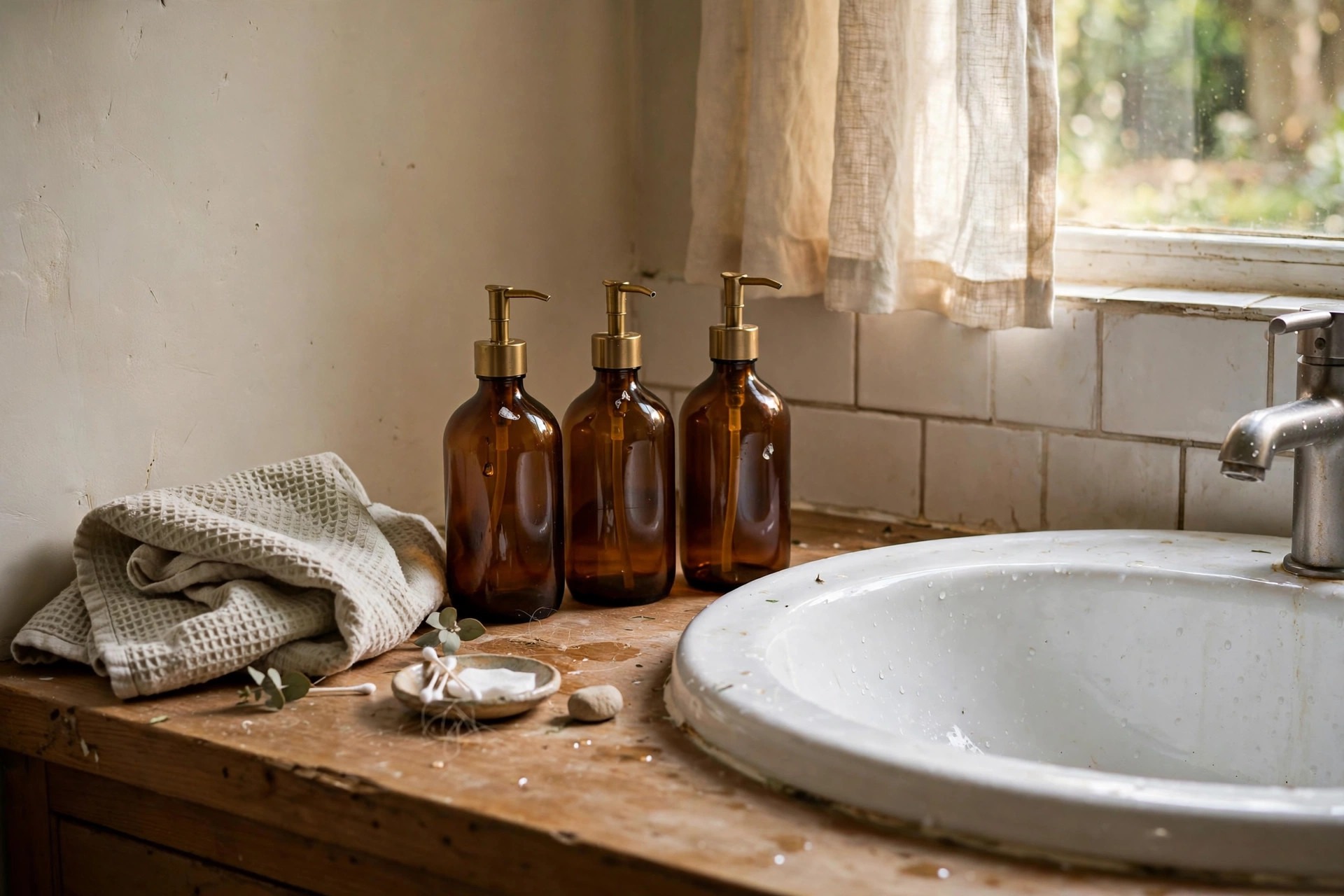 Matching amber decanted pump bottles beside a basin in a renter friendly bathroom idea with no drilling