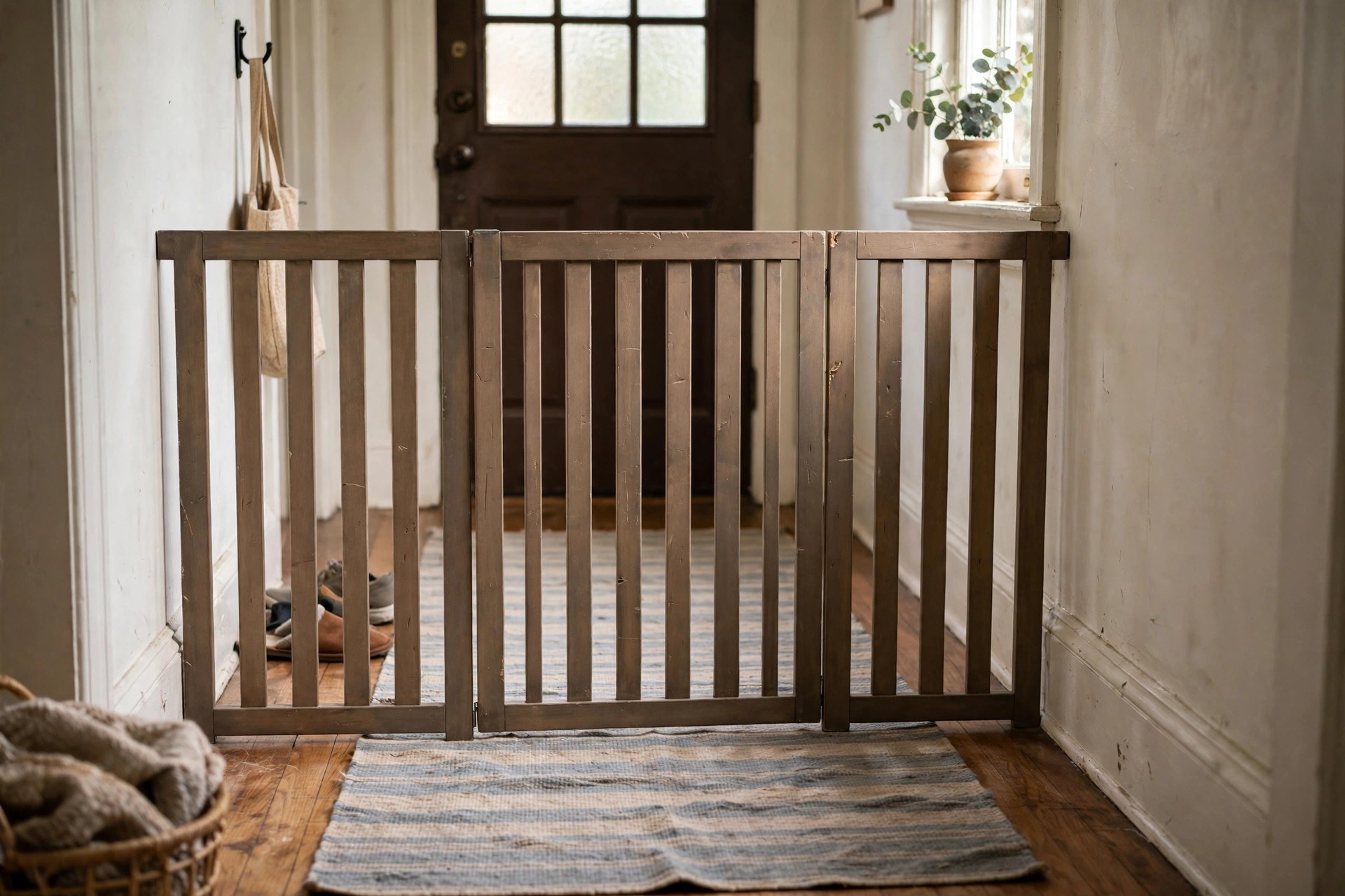 Freestanding wooden gate staging a calm welcome in a pet-friendly hallway entryway