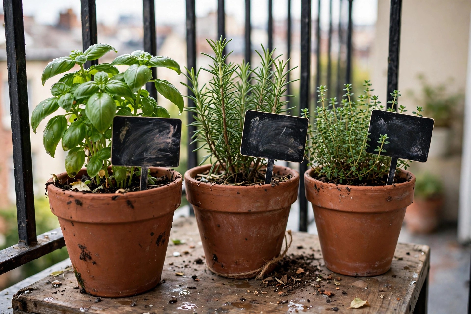 Chalkboard labels marking herb pots in a neat apartment balcony herb garden