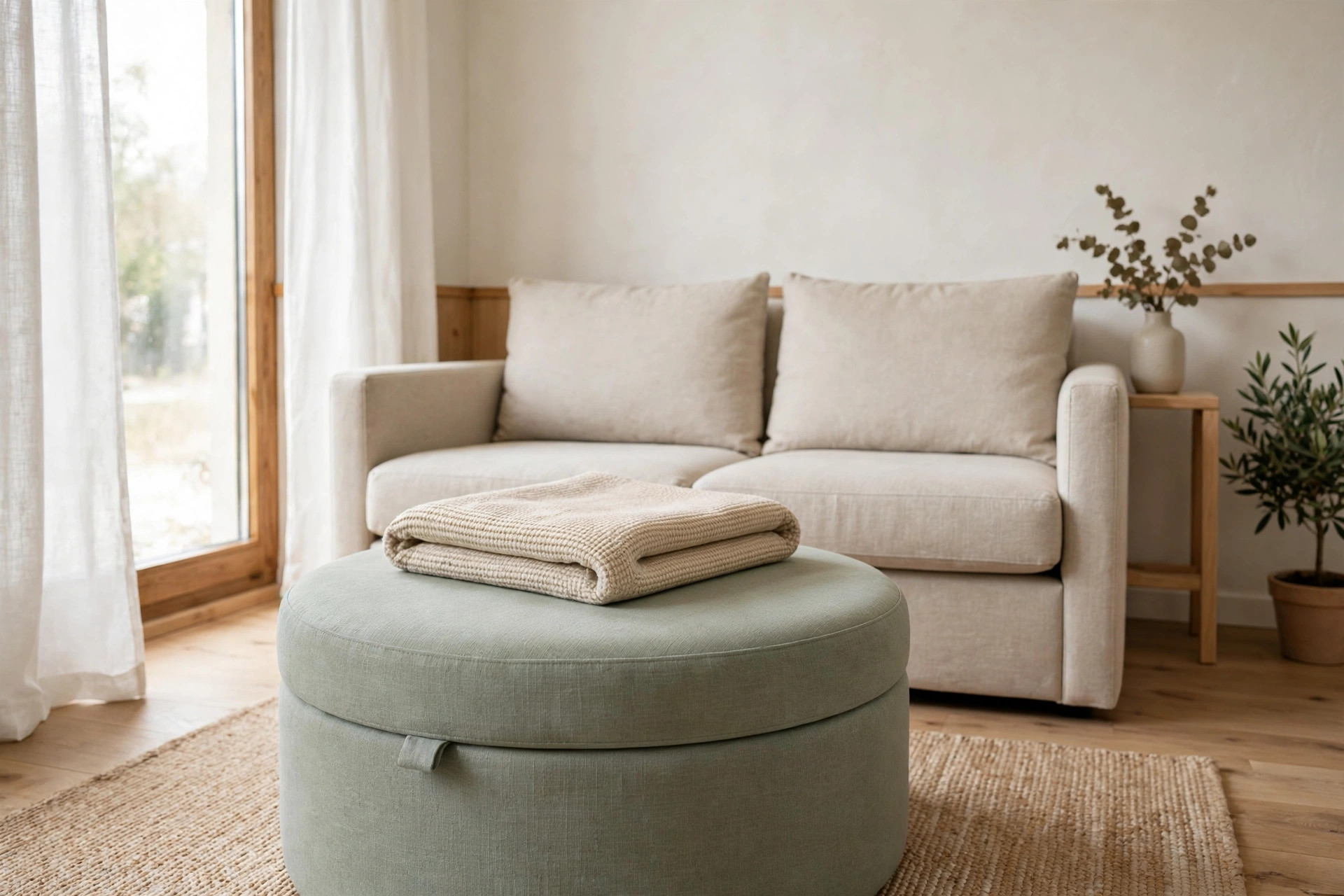 Round sage green storage ottoman with a folded cream throw in front of a beige loveseat in a bright living room