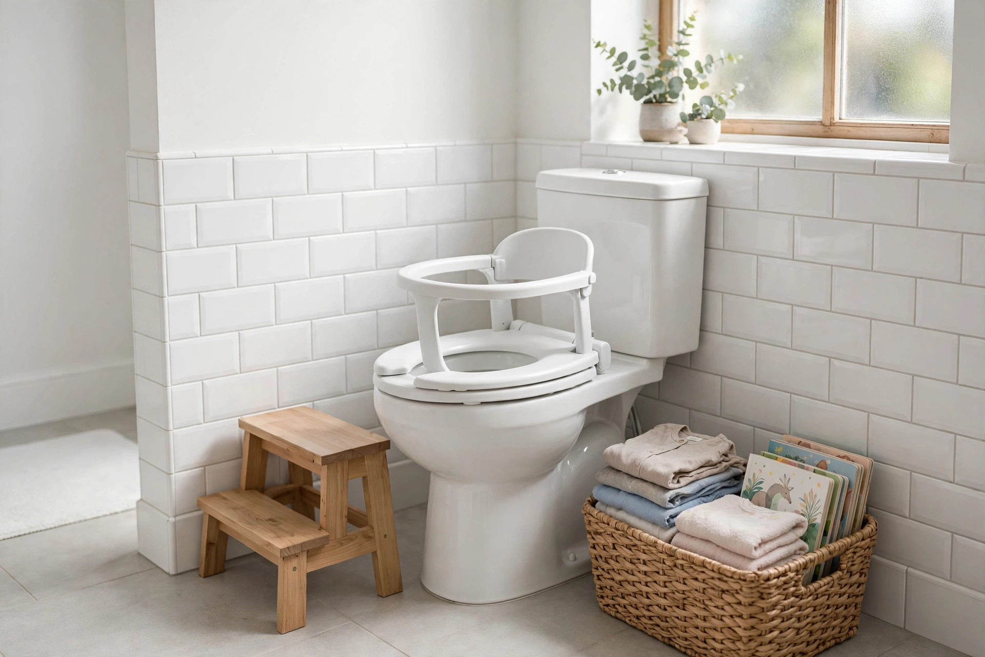 Toilet with a child training seat, step stool and basket of spare clothes and board books, a kids bathroom idea for toddlers