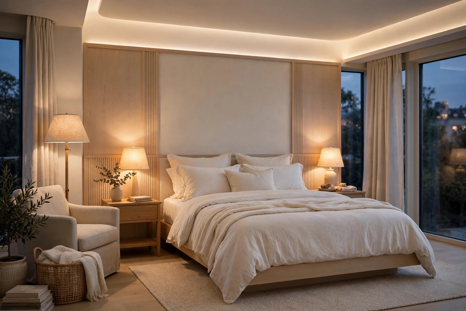 Serene bedroom with layered gentle lighting from shaded lamps and a soft ceiling glow