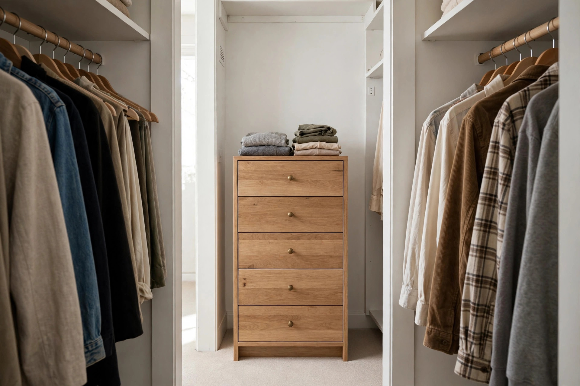Slim wooden chest of drawers standing in the centre of a closet between two sections of hanging clothes