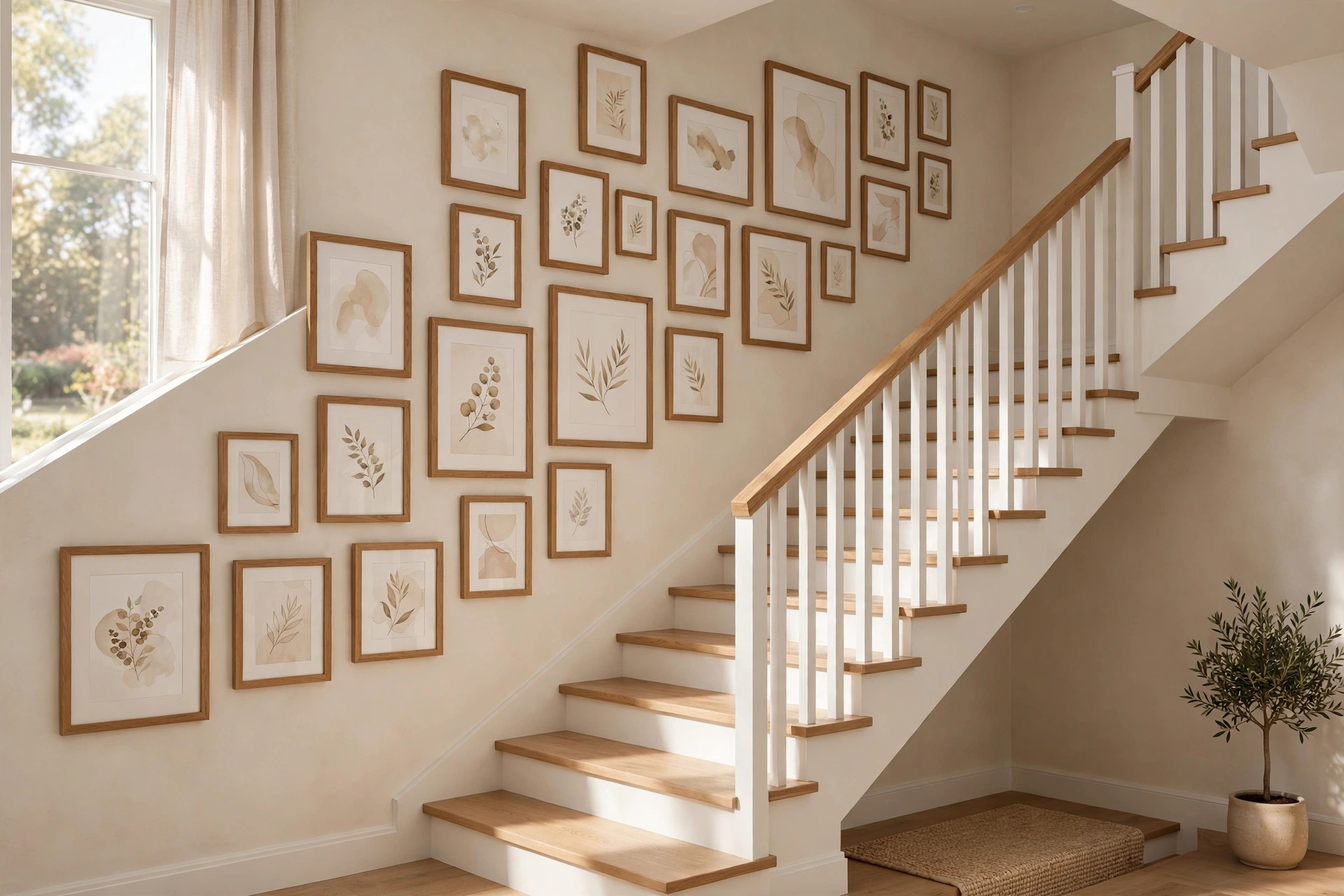 Neutral beige and wood-toned gallery wall in a single palette on a staircase