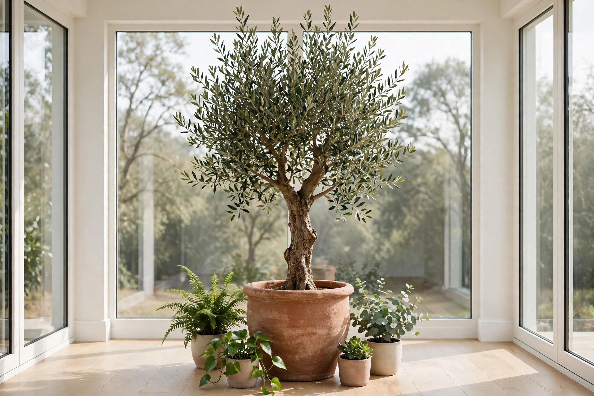 Tall olive tree in a large terracotta pot anchoring a bright sunroom with smaller plants gathered around it