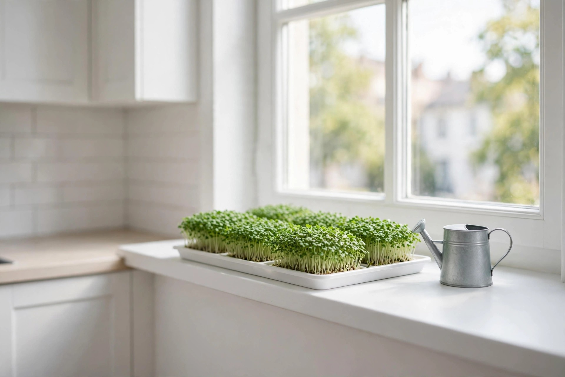 Kitchen microgreens tray of fresh green shoots on a bright windowsill with a small metal watering can