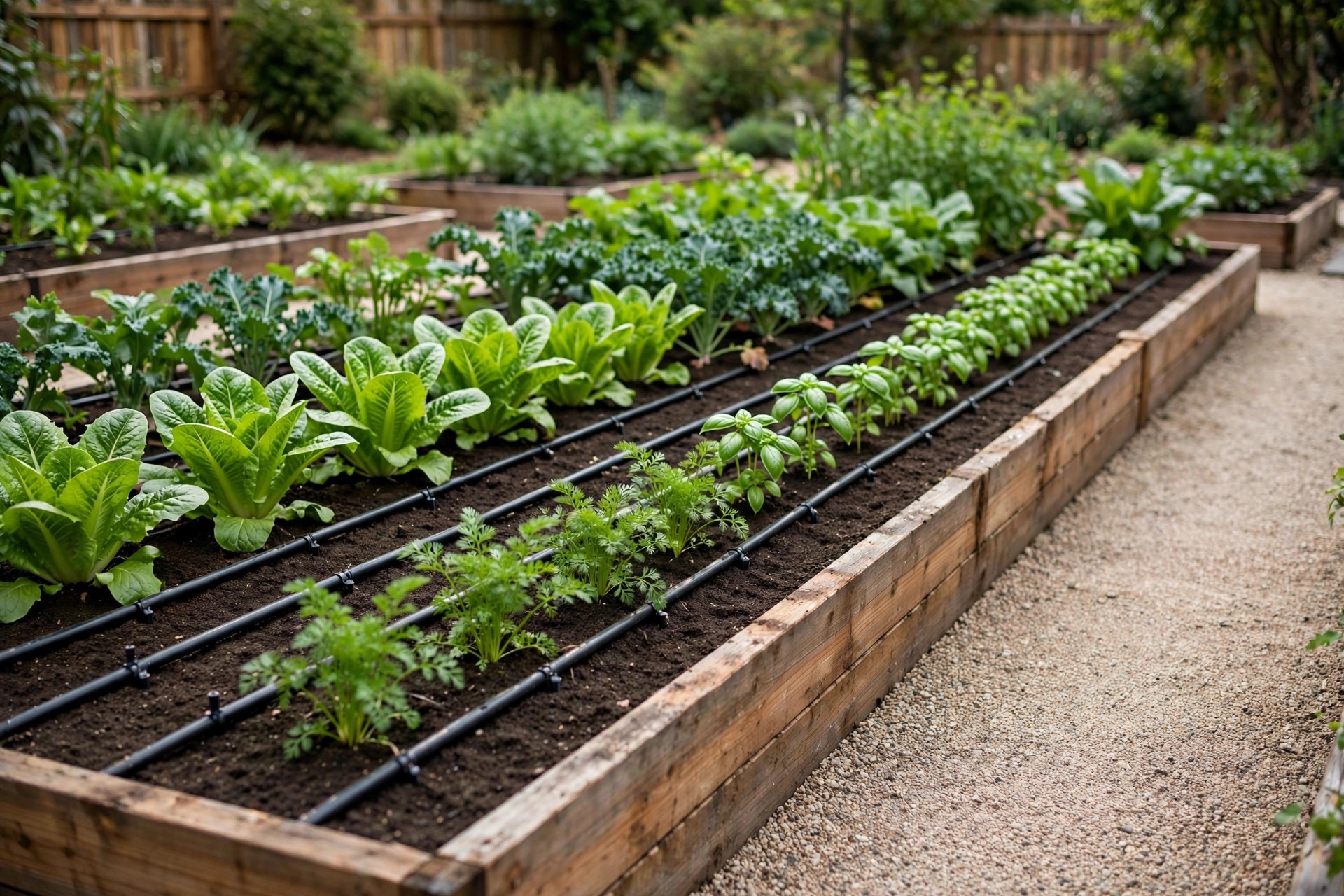 Raised bed with neat drip irrigation lines running between rows of vegetables