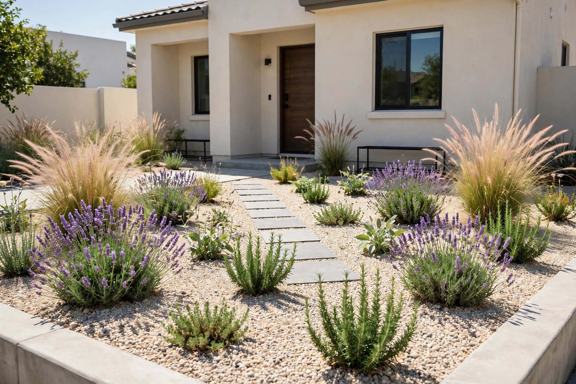 Gravel garden with lavender, ornamental grasses and herbs in a sunny front yard