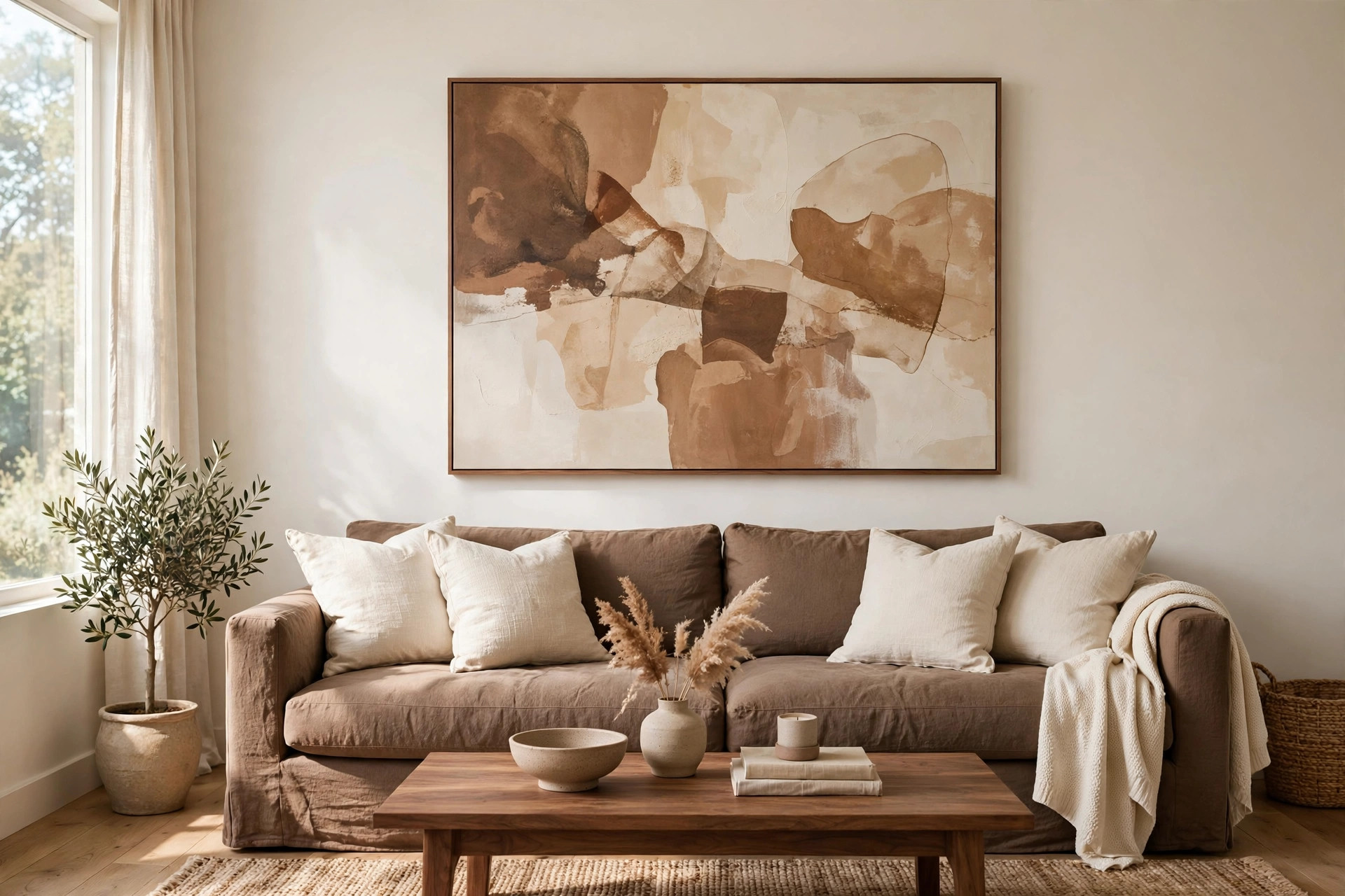 Oversized abstract earth-tone artwork above a brown sofa in a modern living room