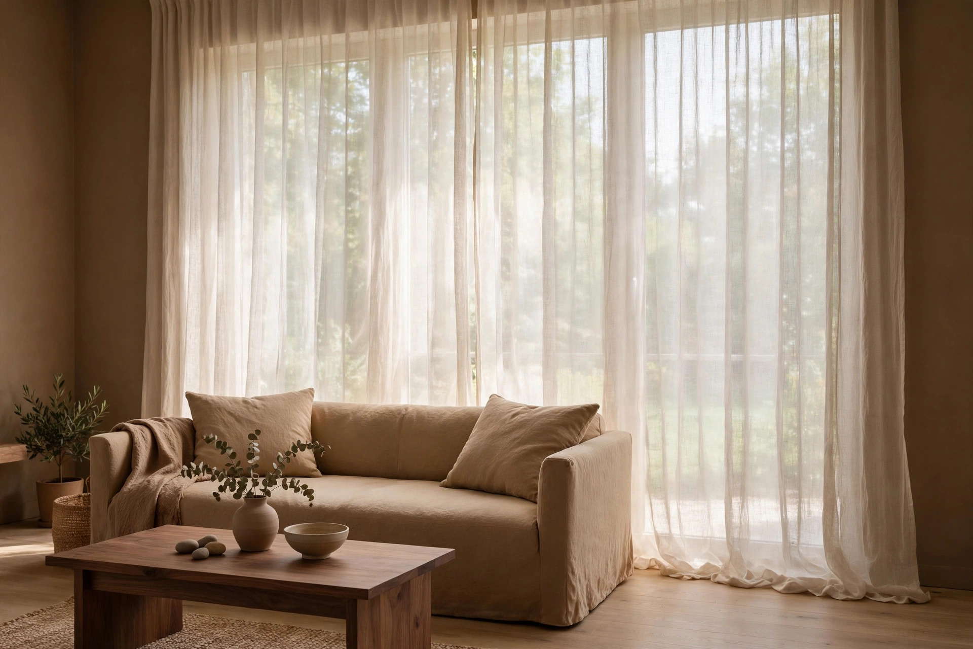 Full-height sheer linen curtains filtering soft daylight in a minimalist brown living room
