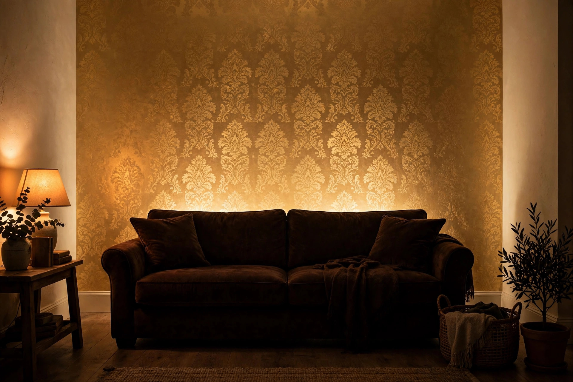 Metallic gold accent wall behind a chocolate brown sofa in a brown and gold living room