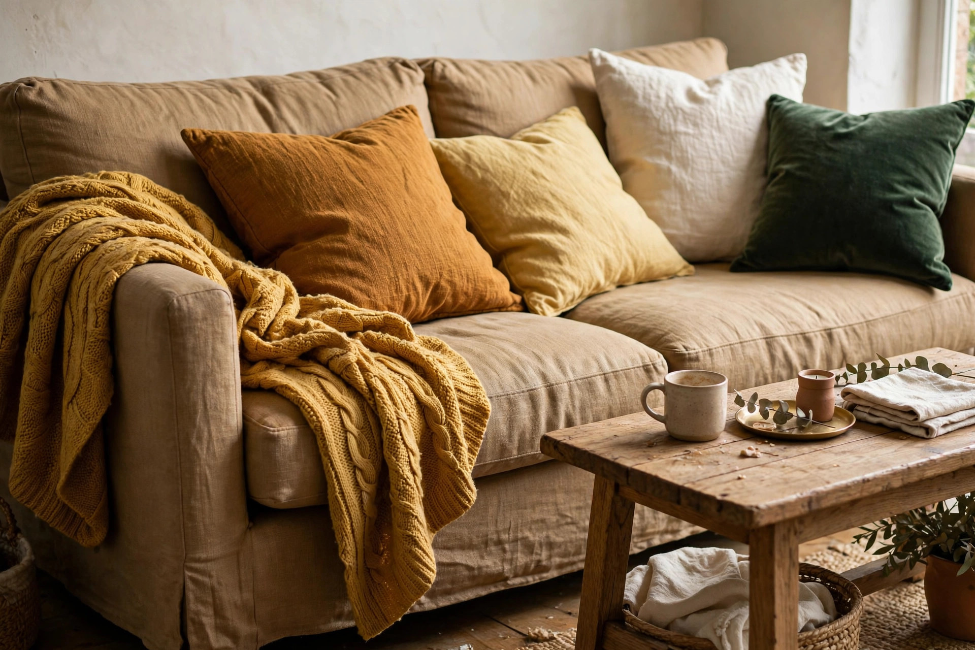 Camel brown sofa layered with yellow throws and cushions in a cosy living room