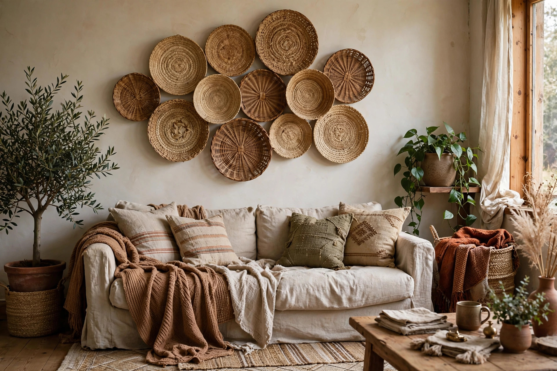 Gallery of woven seagrass and rattan wall baskets in natural brown tones above a bohemian sofa