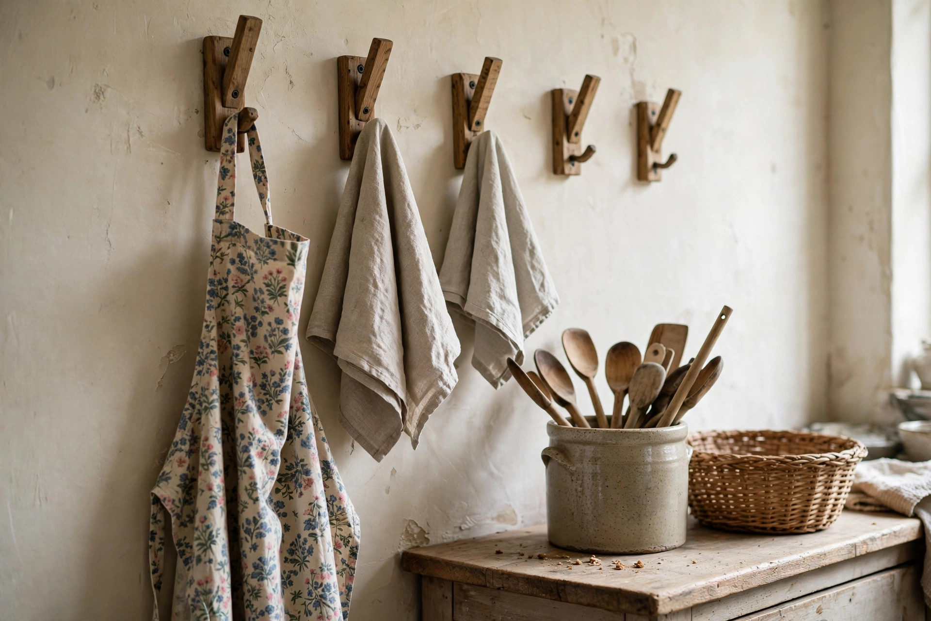 Floral apron and linen tea towels hanging on wooden hooks above a crock of wooden spoons