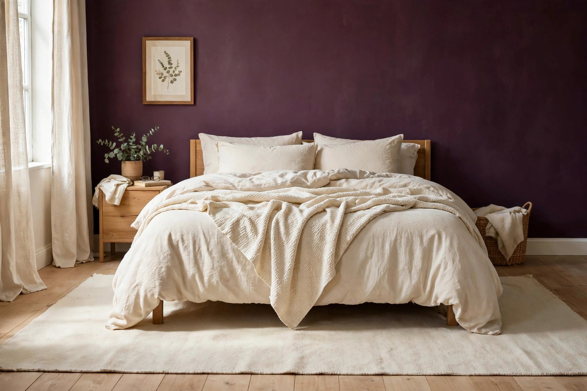 Pale cream rug and light oak floor lifting dark plum walls in a bedroom