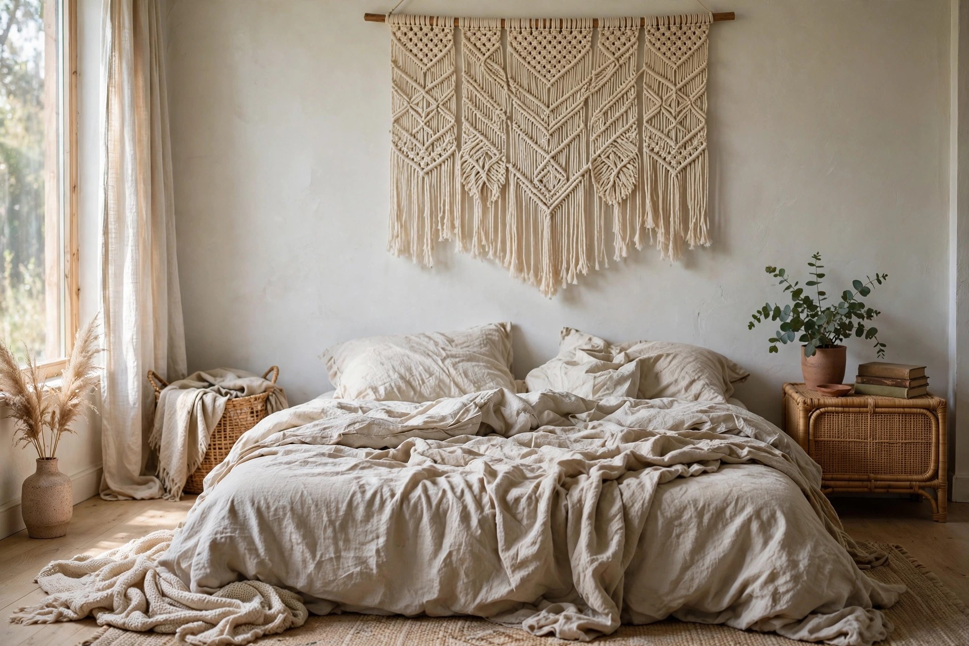 Cream macrame woven wall hanging above a boho bed with no headboard and natural linen bedding
