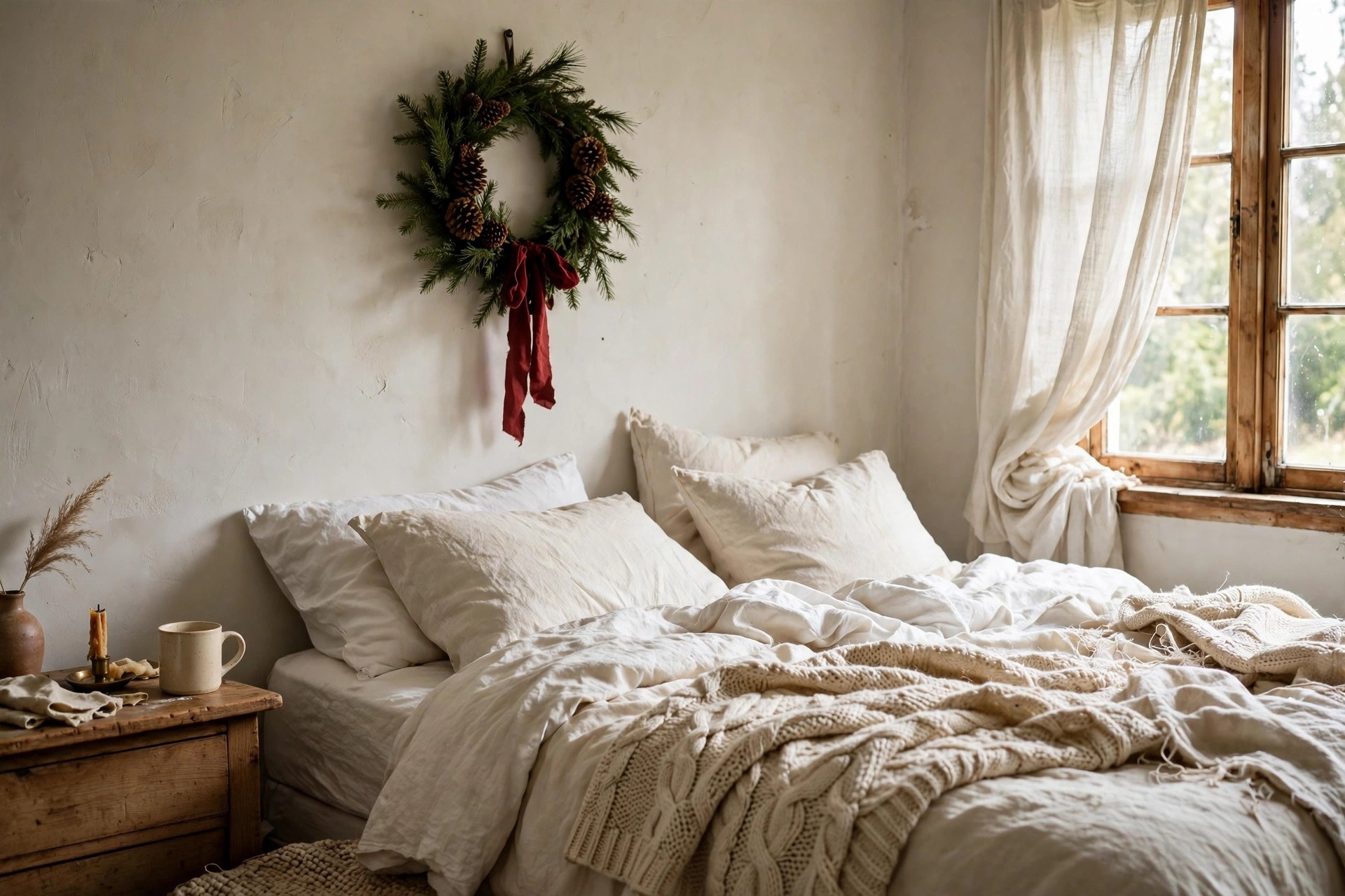 Evergreen wreath hung above the bed as a focal point in a cozy Christmas bedroom