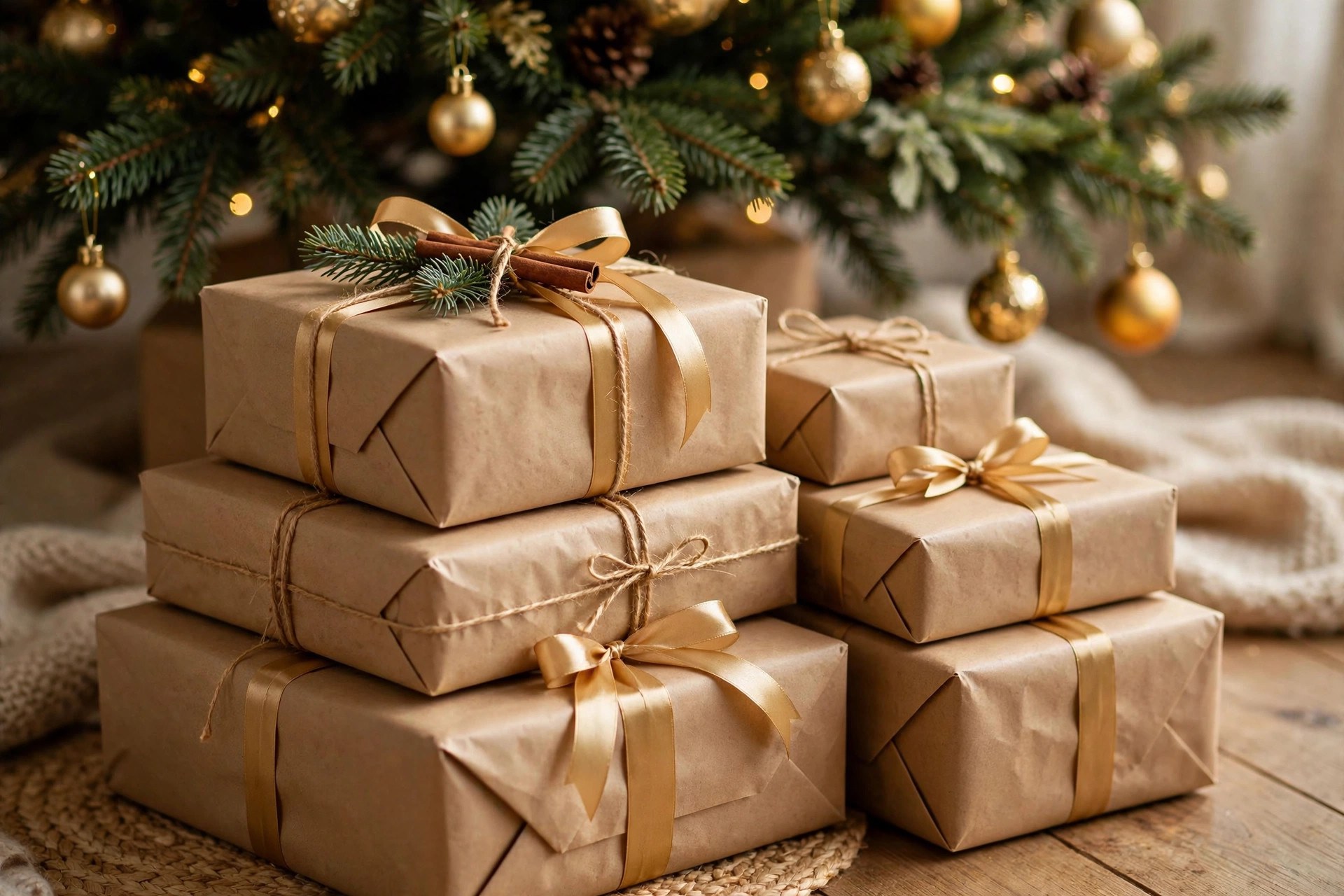 Christmas gifts wrapped in brown kraft paper tied with gold ribbon under a decorated tree
