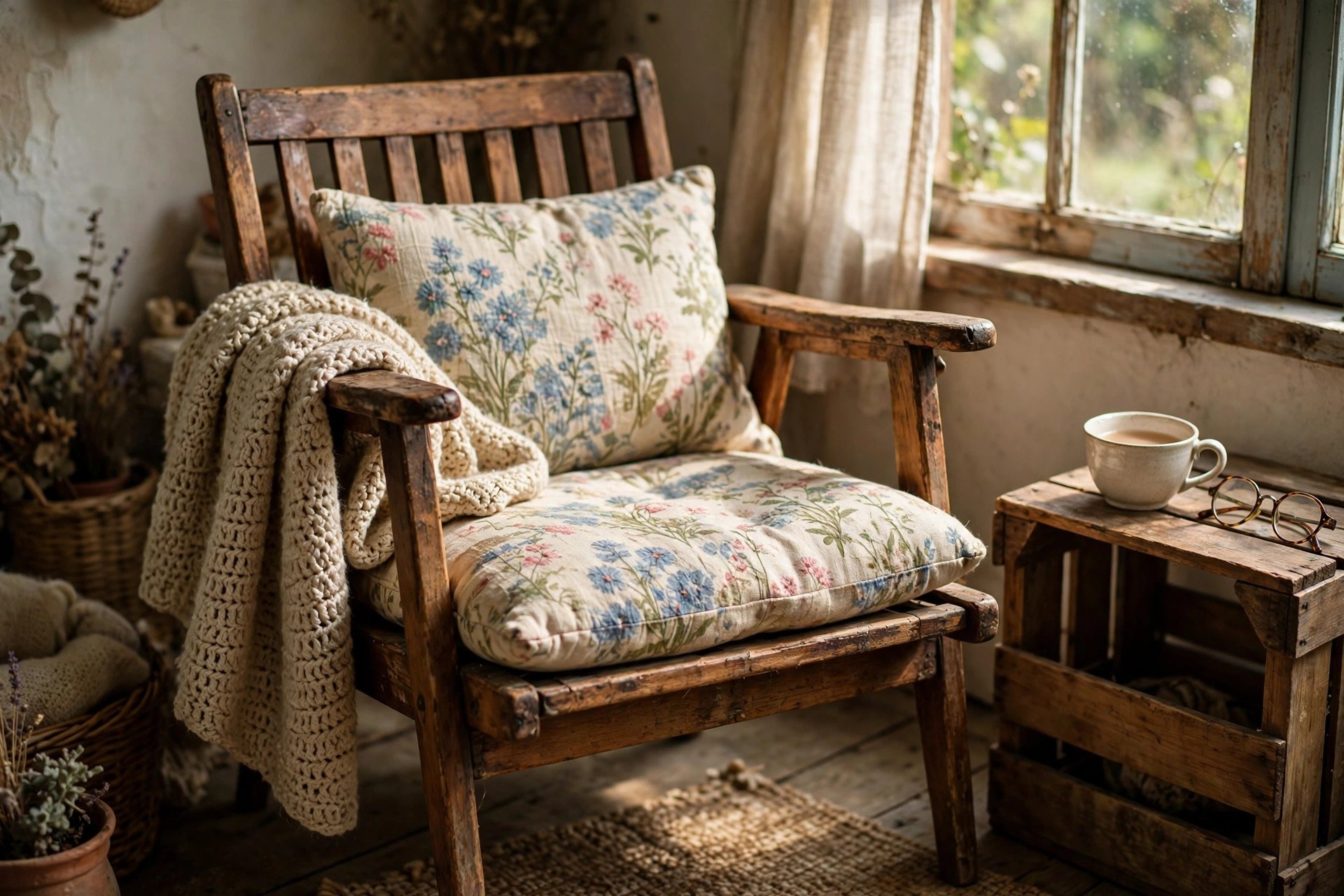 Vintage wooden armchair with floral cushions and a crochet blanket, a thrifted reading chair in a small cottage corner