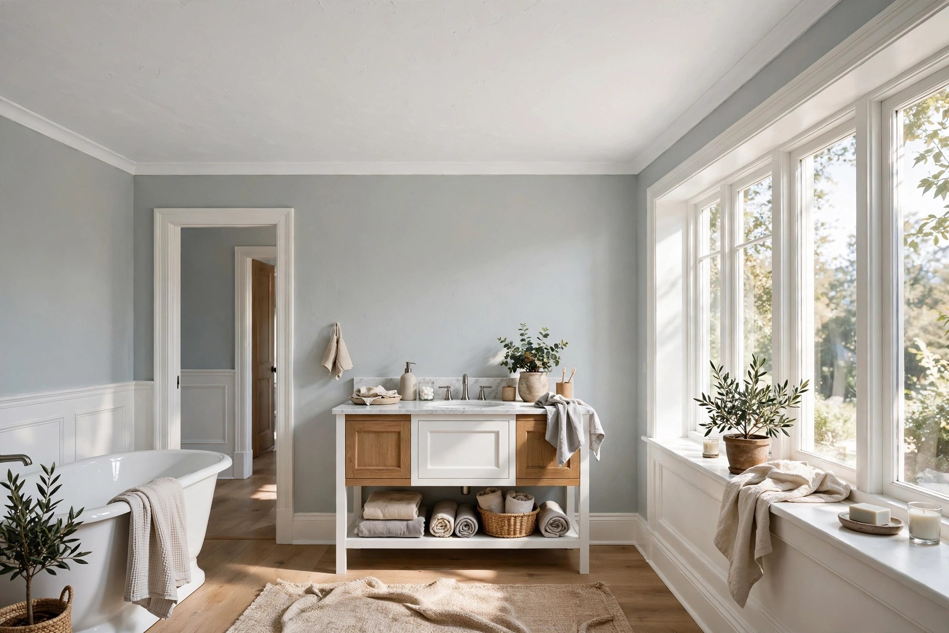 Bathroom with a freshly painted white ceiling and crisp white trim in a weekend bathroom refresh
