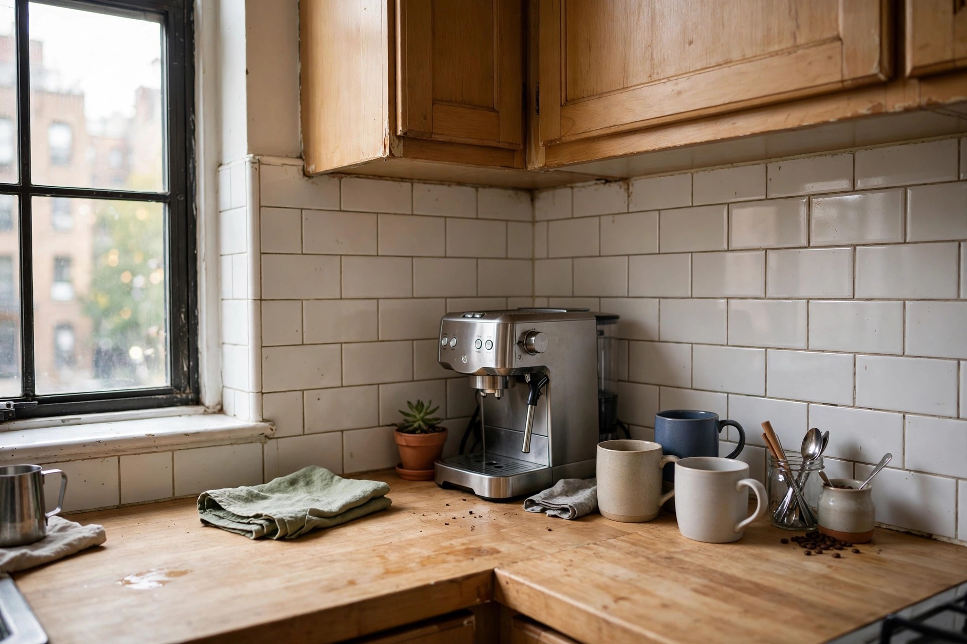 Compact coffee station at the end of a narrow galley kitchen counter in a small apartment