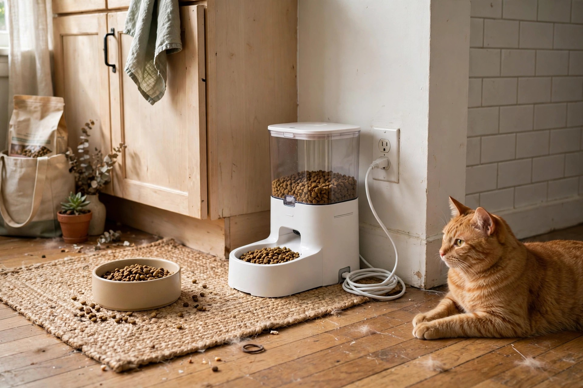 Automatic pet feeder styled neatly in a kitchen corner with a bowl, mat and tidy cable