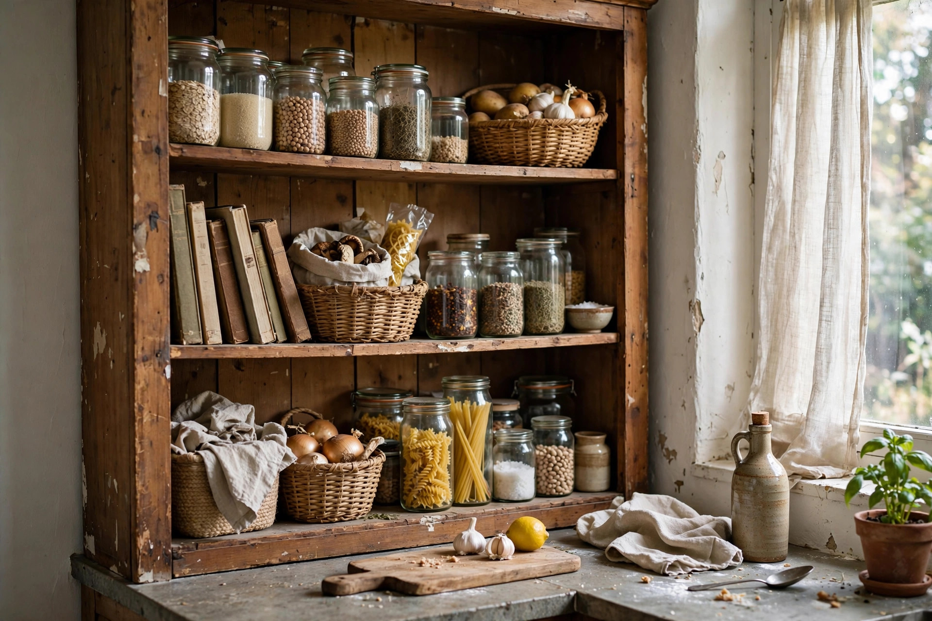 Wooden bookcase repurposed as a kitchen pantry with jars baskets and cookbooks