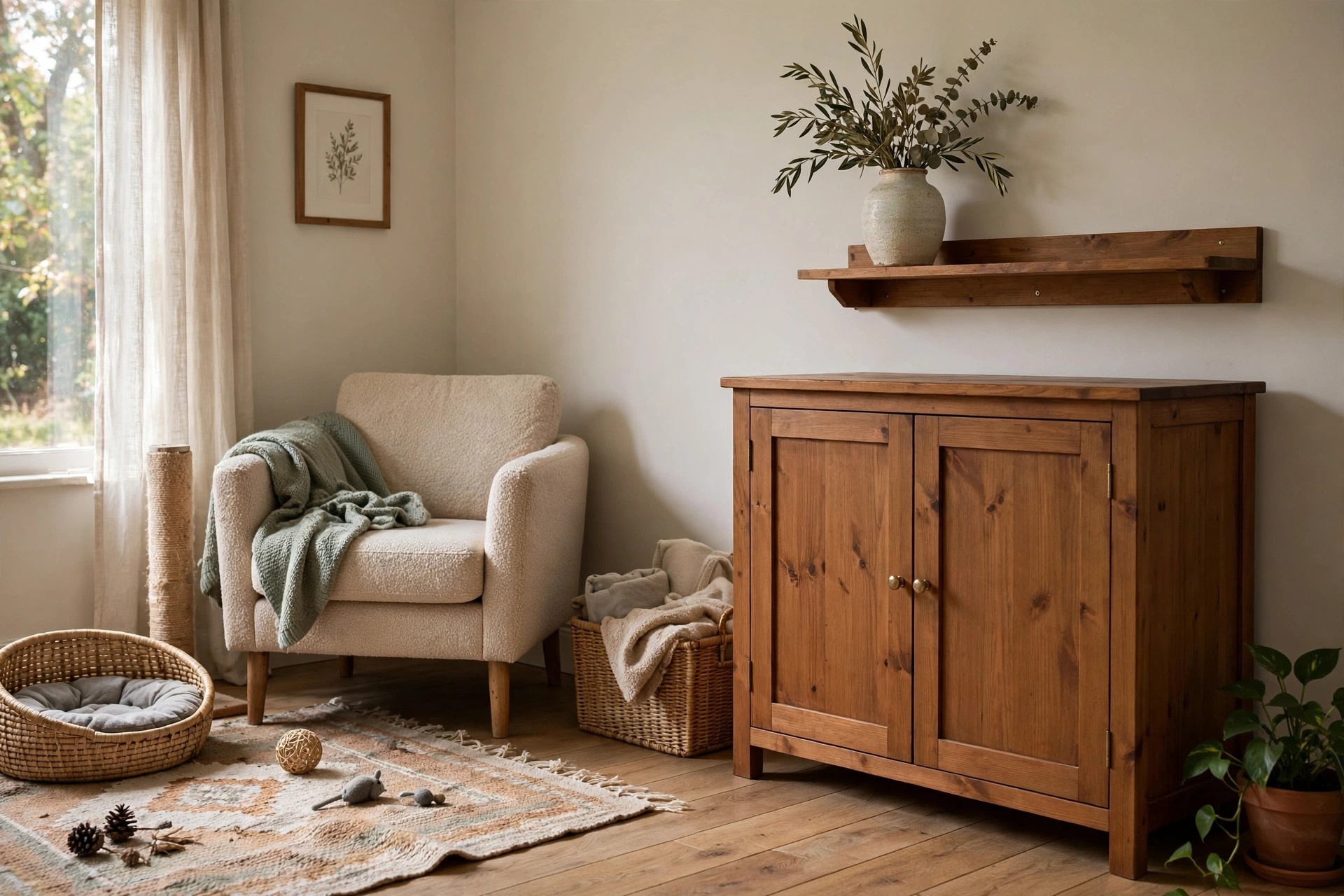 Closed storage cabinet and a ceramic vase anchored with museum putty in a tidy cat-friendly living room