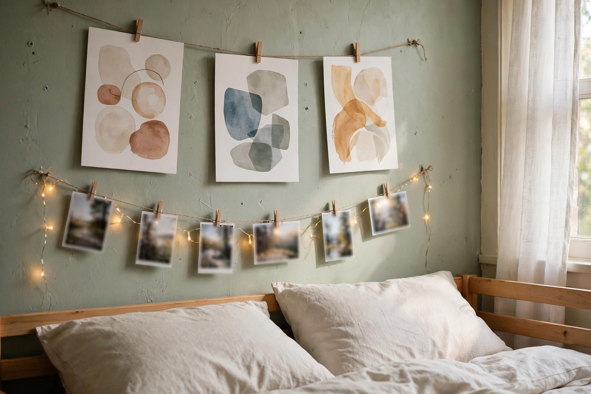 Dorm bed wall with removable abstract prints clipped to a string, blurred photos and fairy lights above plain bedding