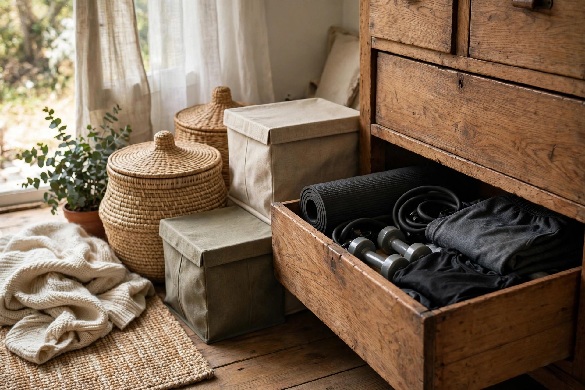 Lidded woven baskets and fabric boxes hiding workout gear beside a bedroom dresser