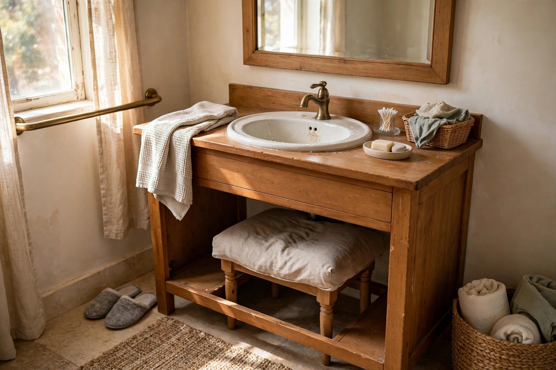 Bathroom vanity with open knee space and a cushioned seat for seated grooming in a bathroom for elderly parents