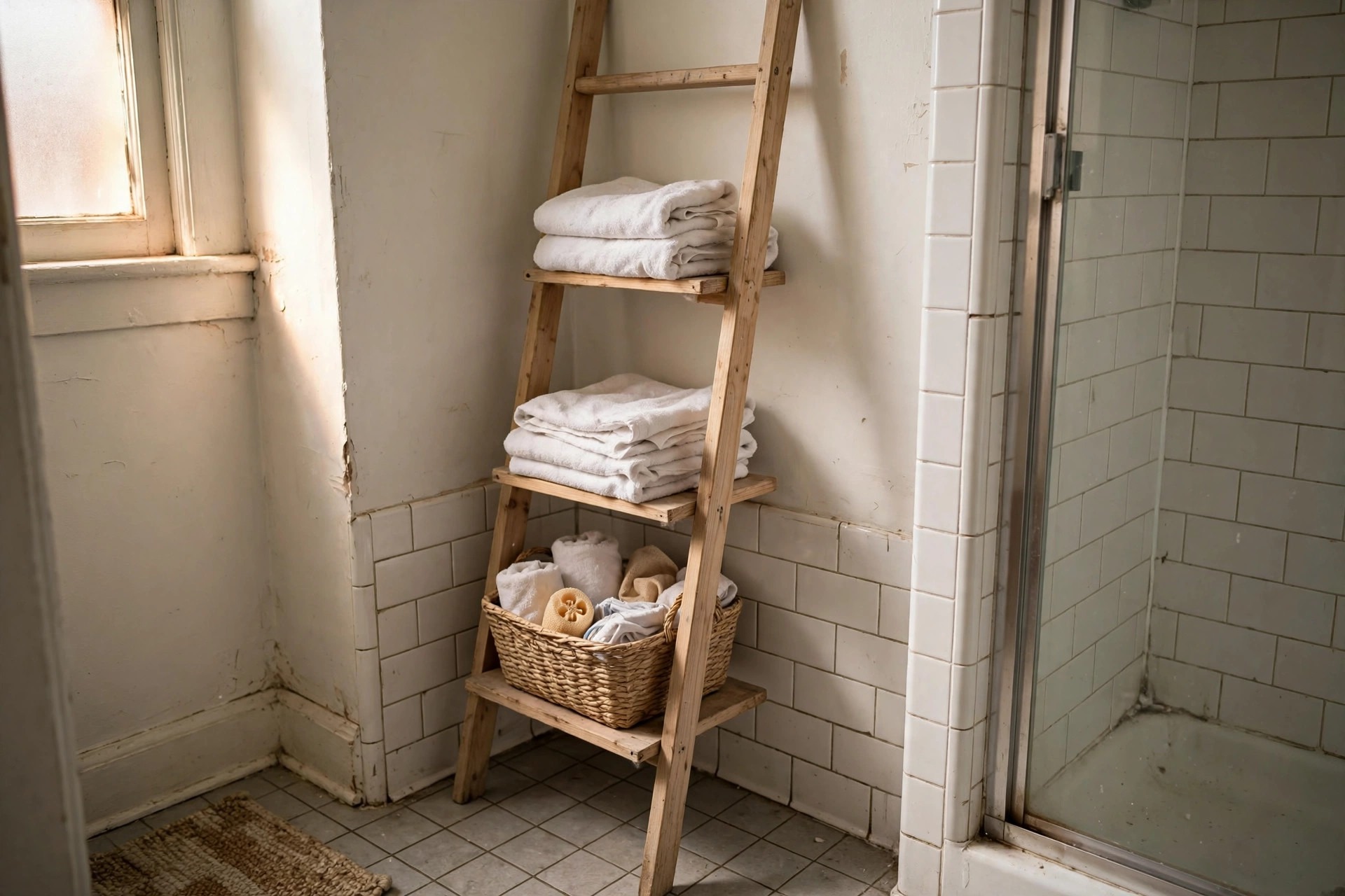 Leaning wooden ladder shelf with folded towels and a basket in a renter friendly bathroom idea with no drilling