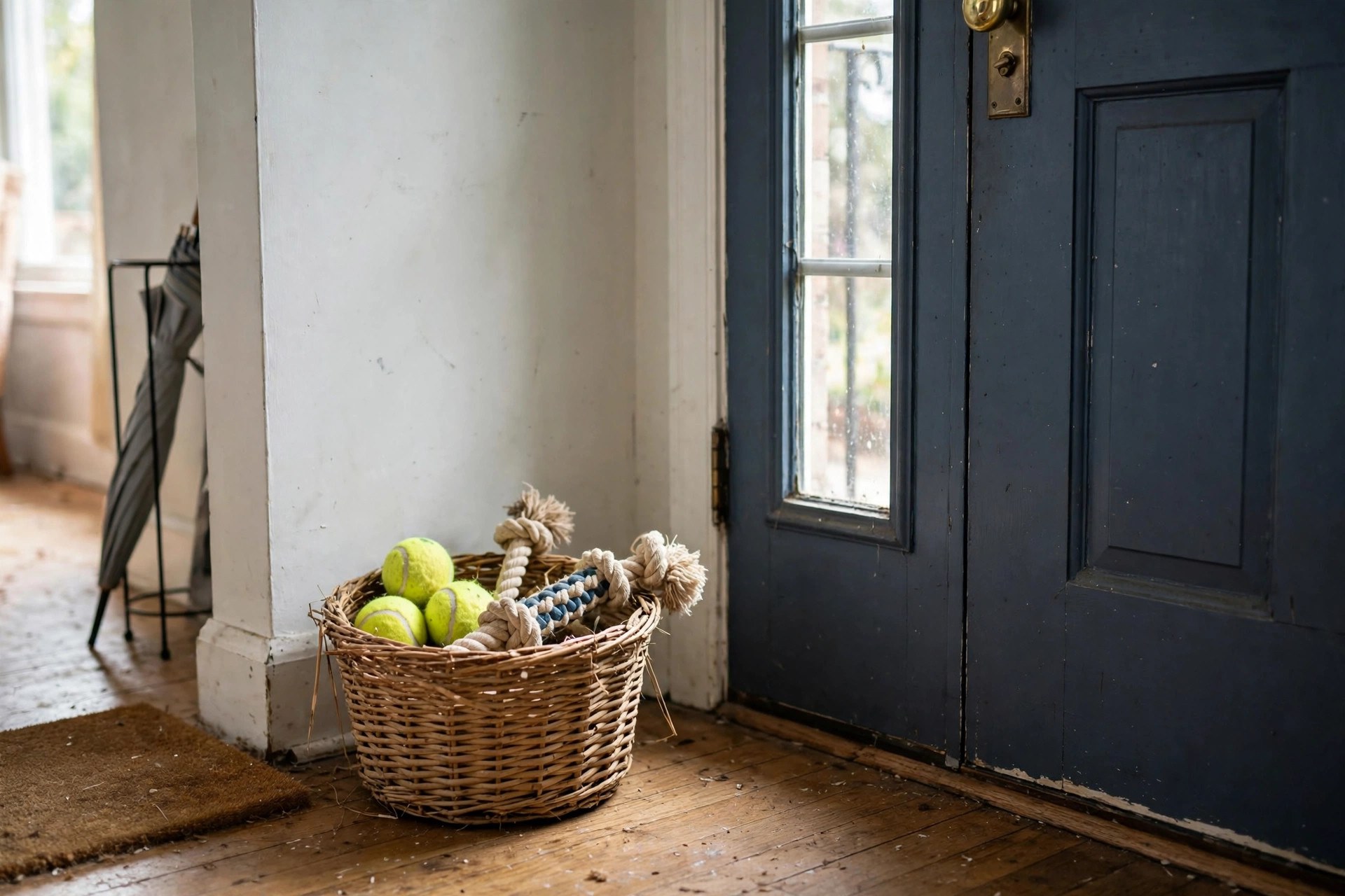 Woven basket of fetch toys and balls by the front door in an entryway for dog owners