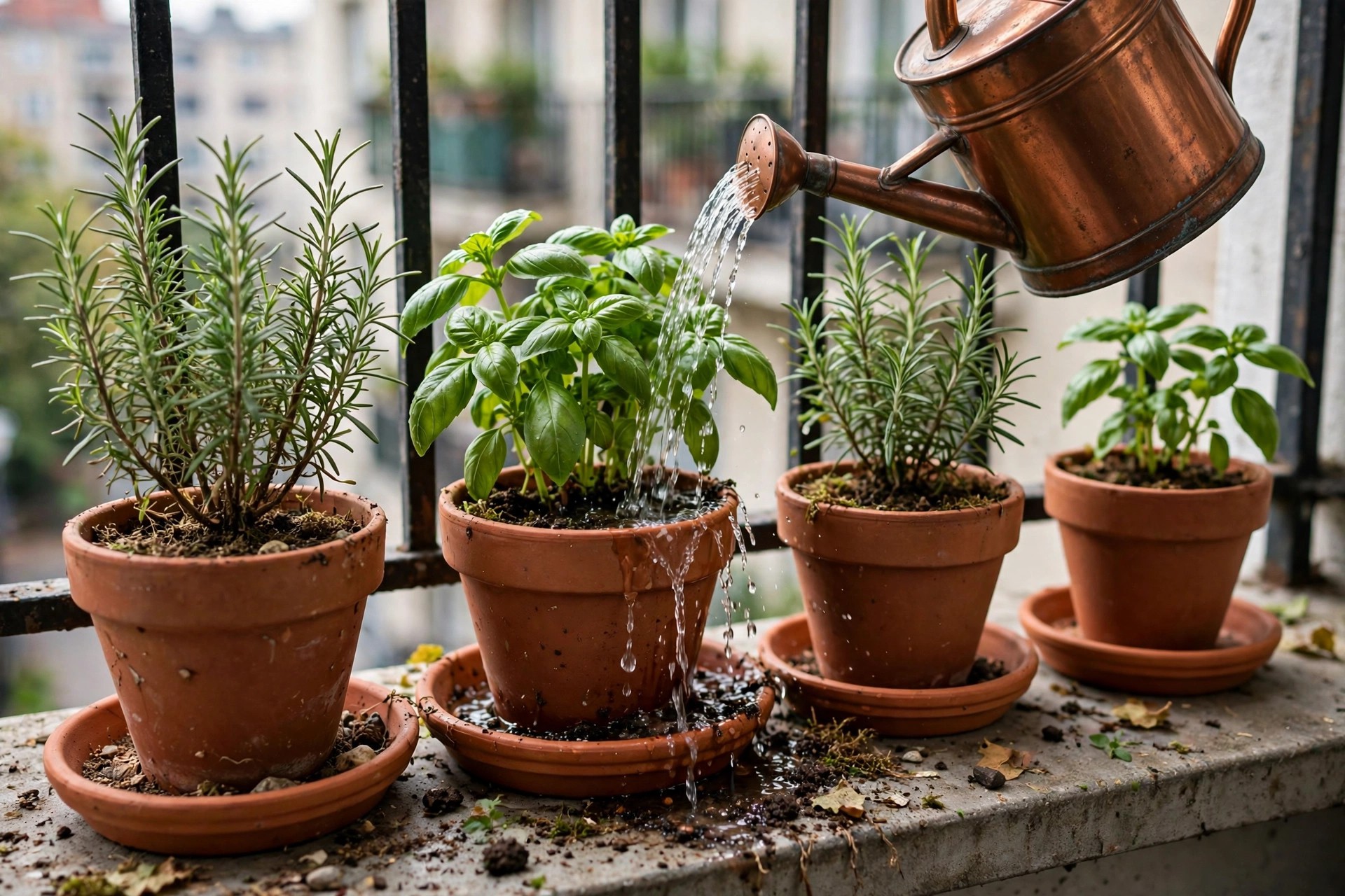 Drip trays under terracotta herb pots on a tidy apartment balcony herb garden