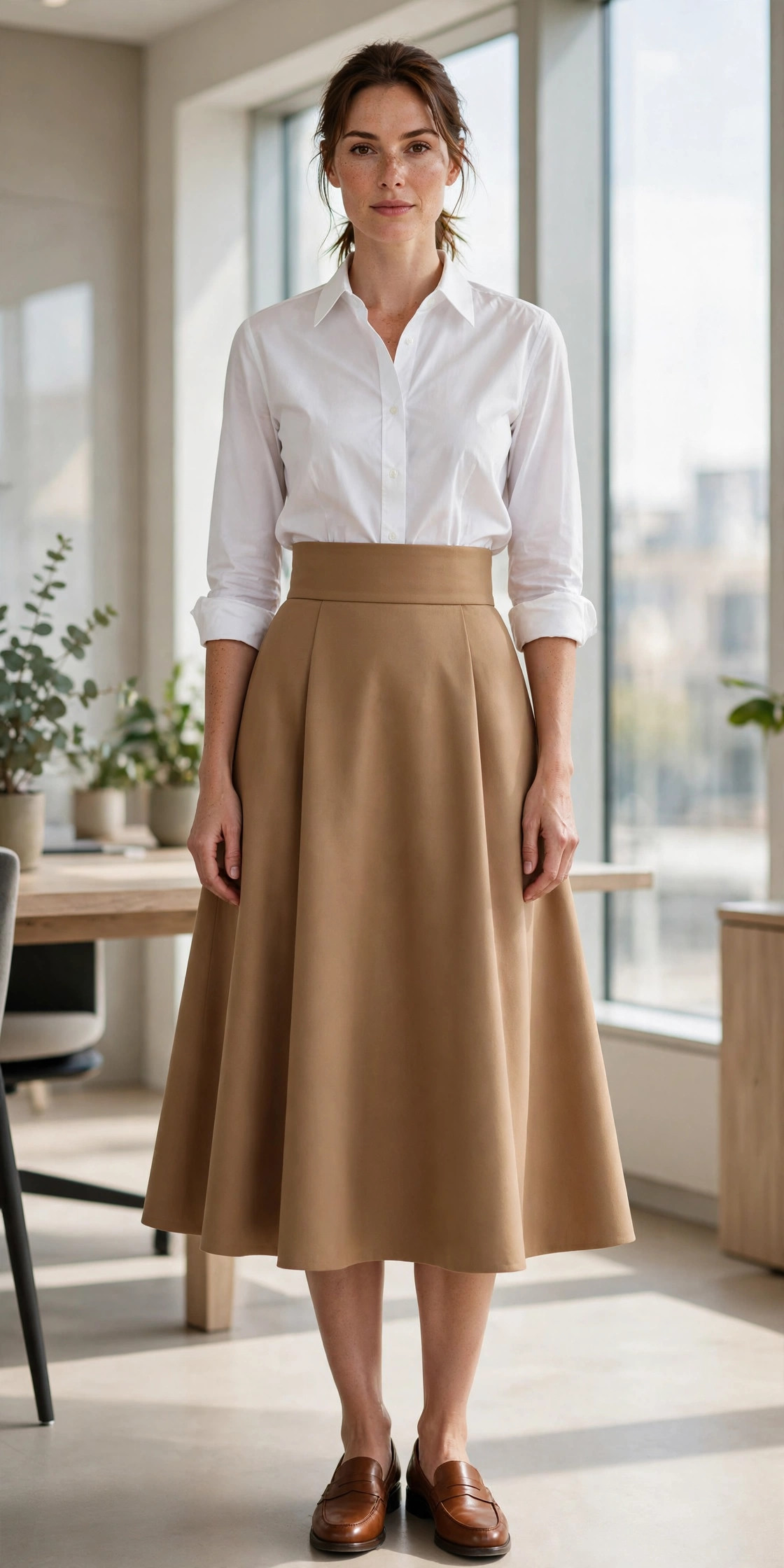 High-waisted camel A-line midi skirt with a tucked white button-down shirt, elegant long torso office outfit