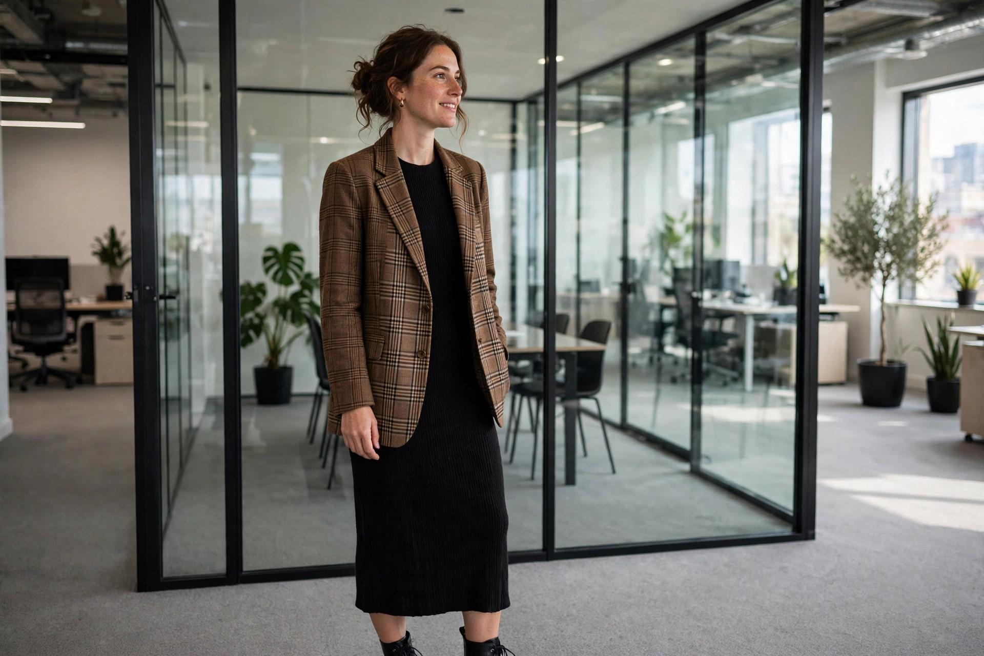 Brown plaid blazer over a black knit midi dress outside a glass meeting room