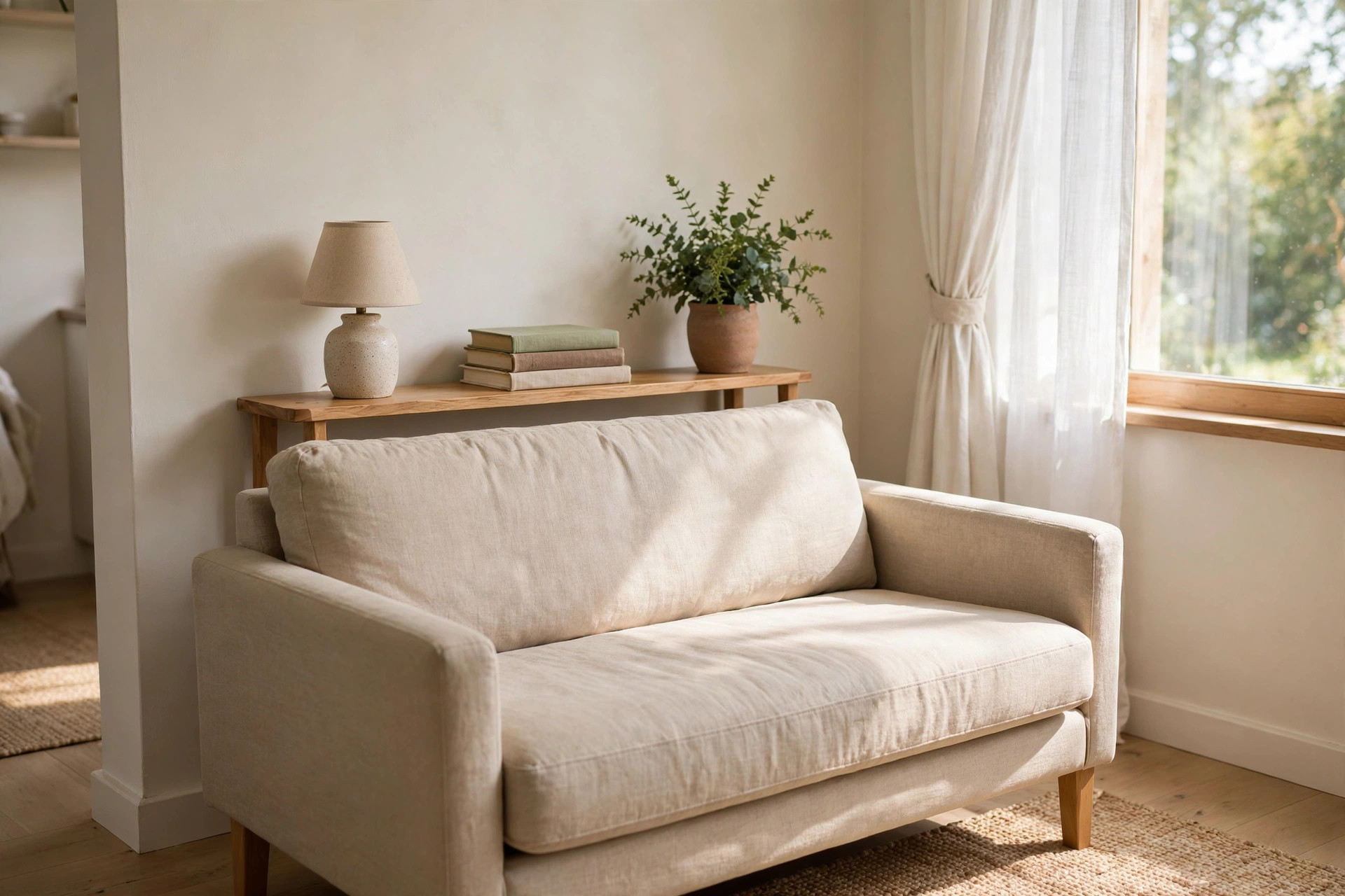 Slim wooden console table behind a beige loveseat styled with a ceramic lamp, stacked books and a potted plant