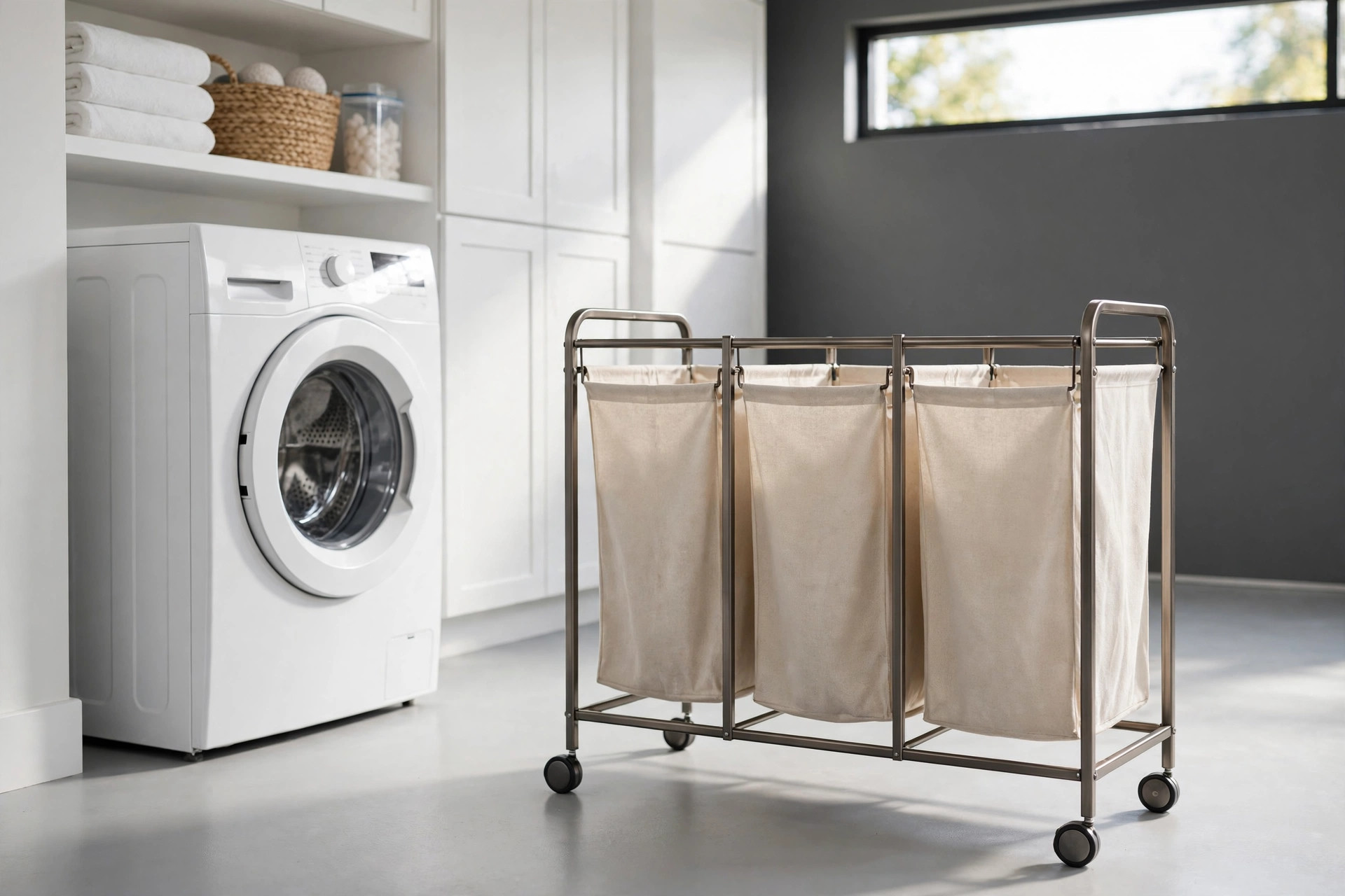 Three-section rolling laundry sorter with canvas bags parked beside a washing machine in a clean laundry room