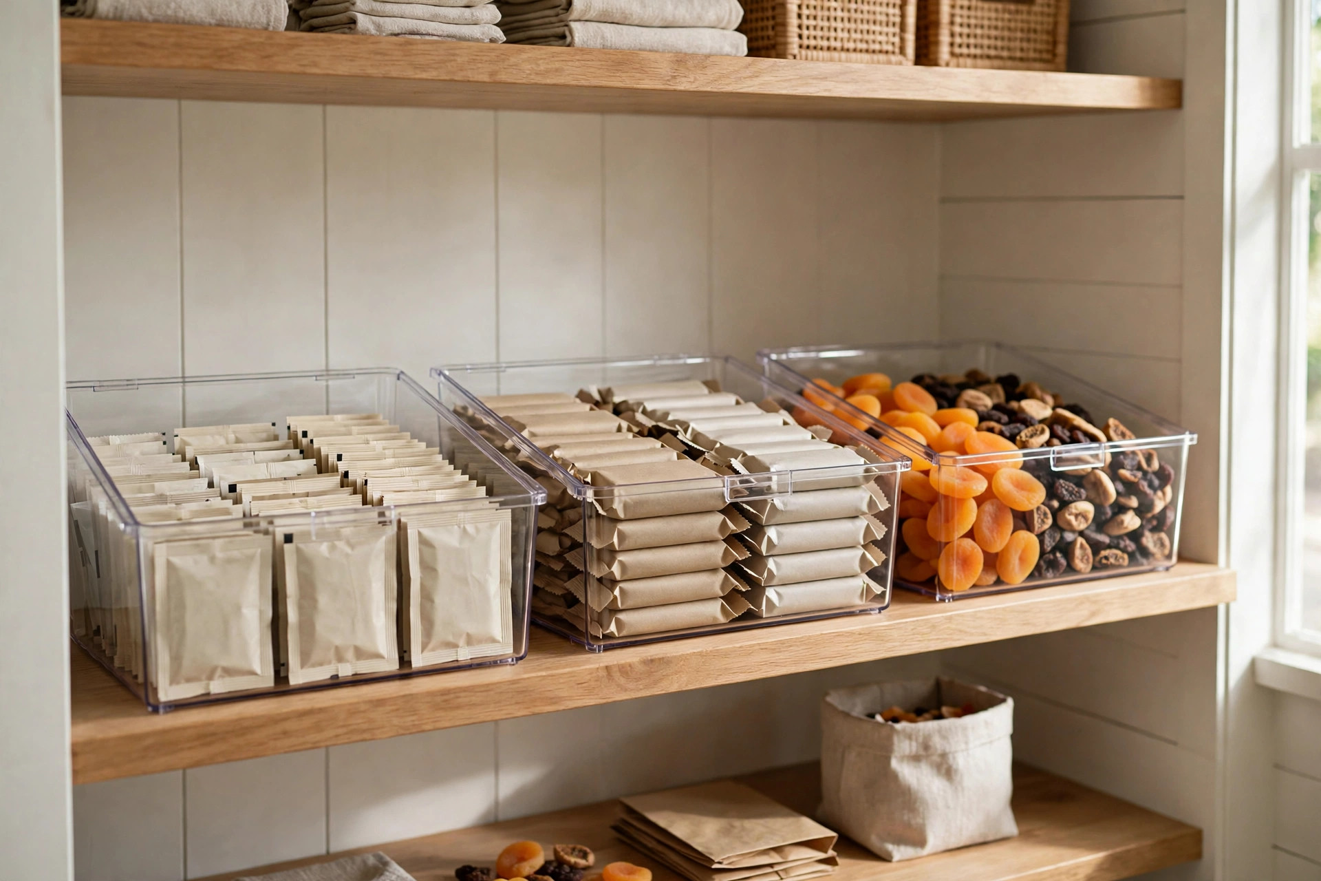 Clear open bins of snack packets, bars and dried fruit on a wooden pantry shelf