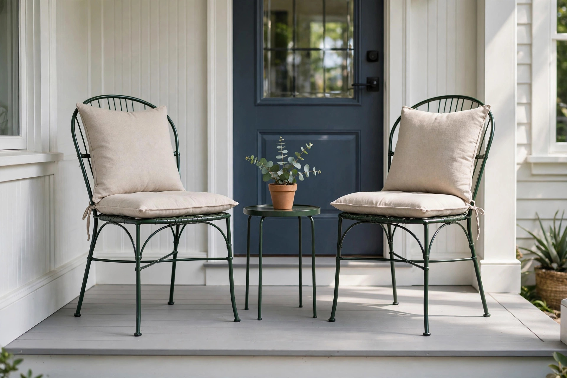 Two compact green bistro chairs with cream cushions and a tiny side table on a small front porch