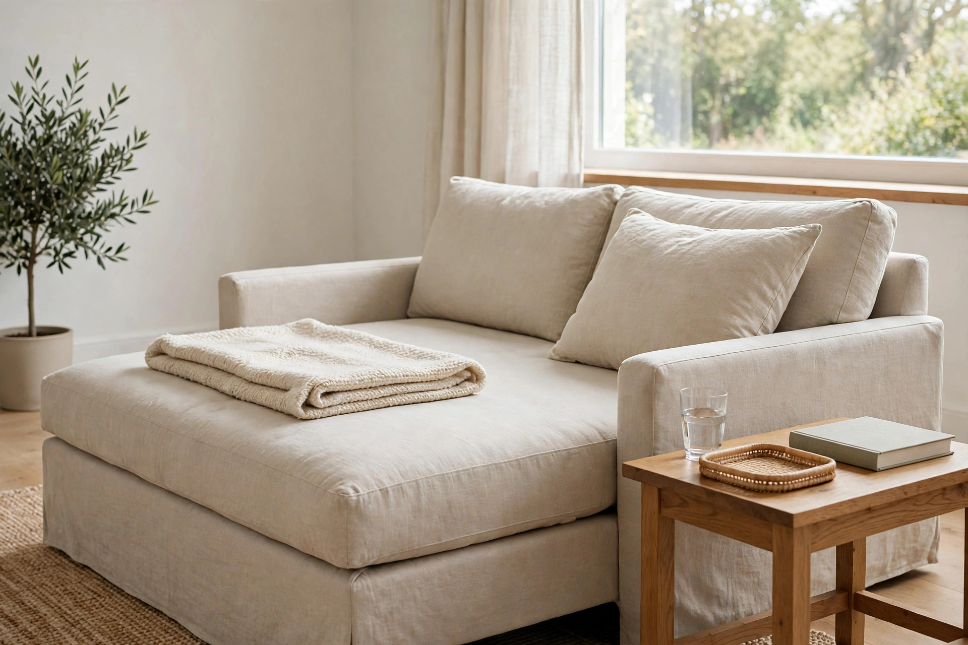 Side table with water glass, book and tray beside a sofa bed, a handy sofa bed living room idea