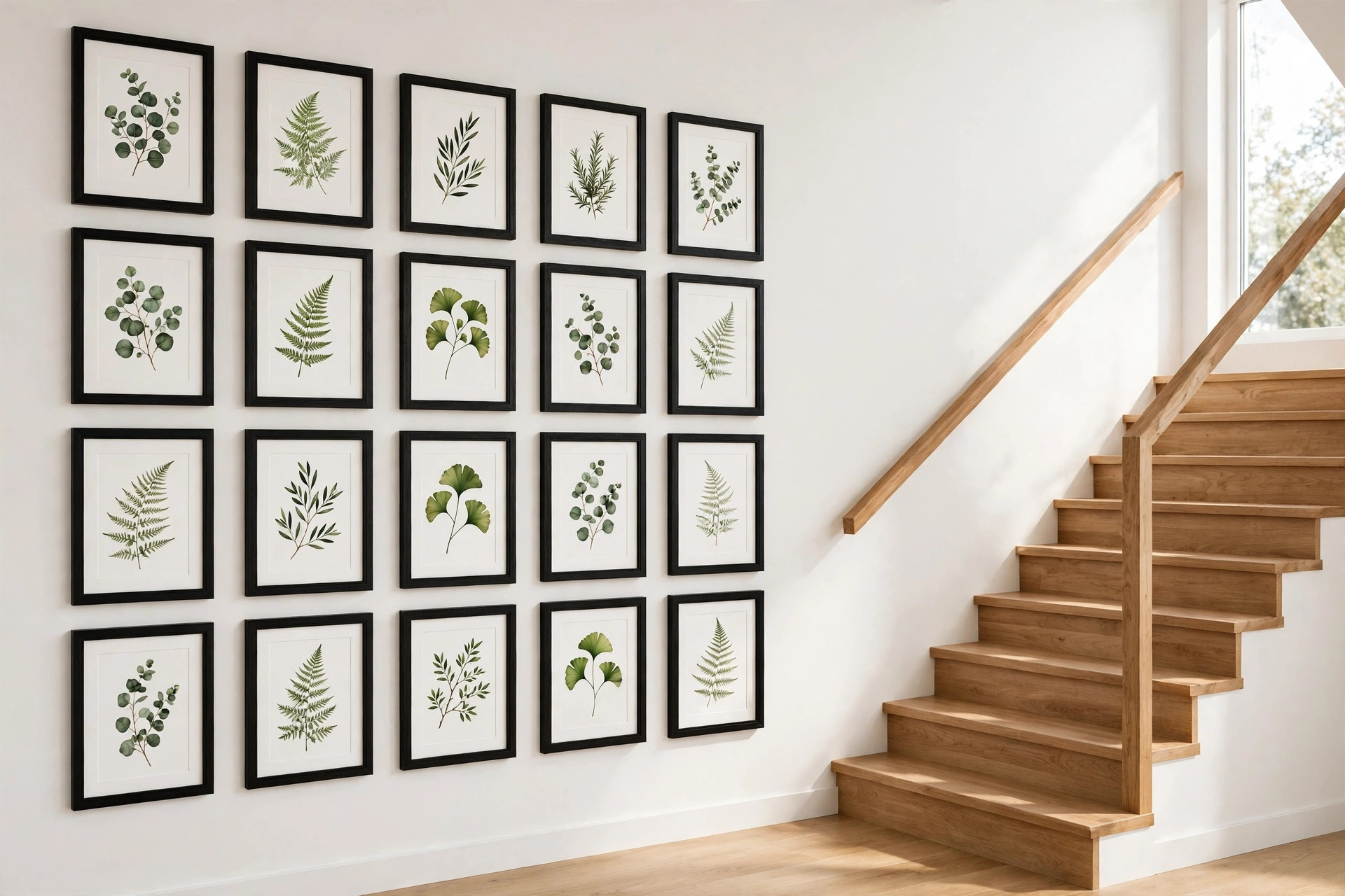 Tight grid of identical black-framed botanical prints beside a wooden staircase