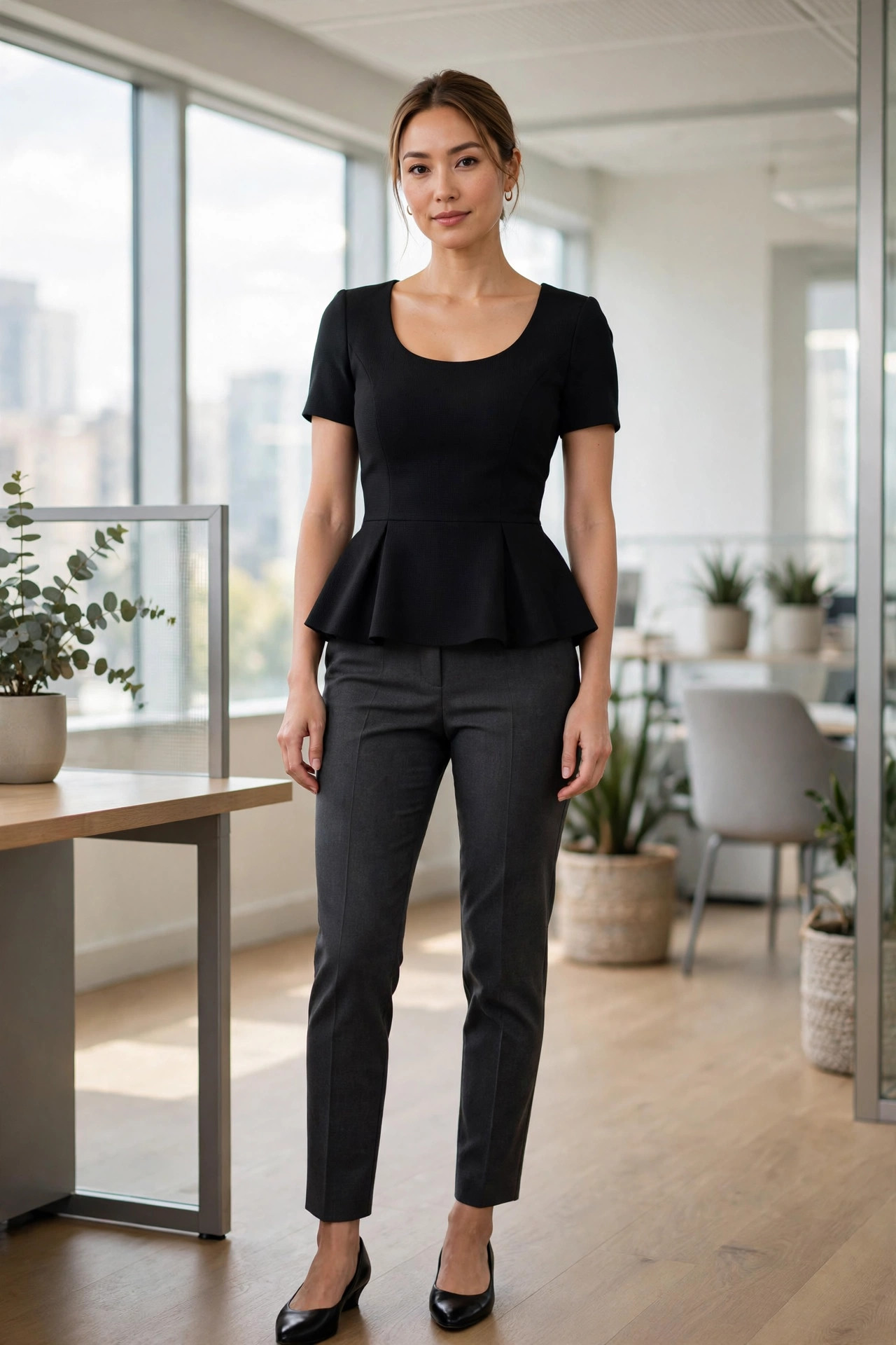 Woman with a large bust wearing a structured black peplum top with charcoal cigarette trousers for work
