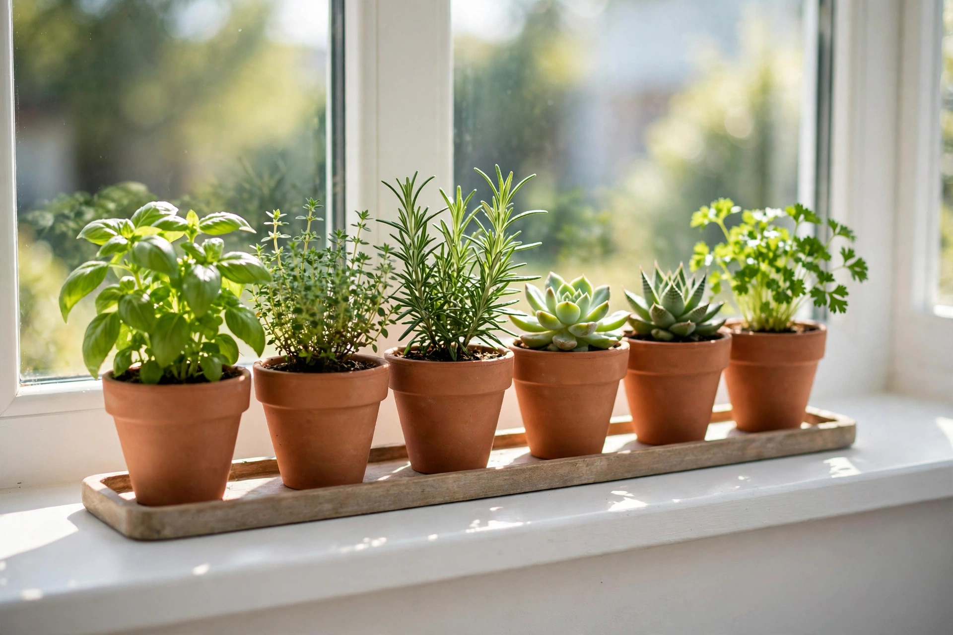 Sunroom windowsill lined with matching terracotta pots of basil, thyme, rosemary, succulents and parsley on a wooden tray