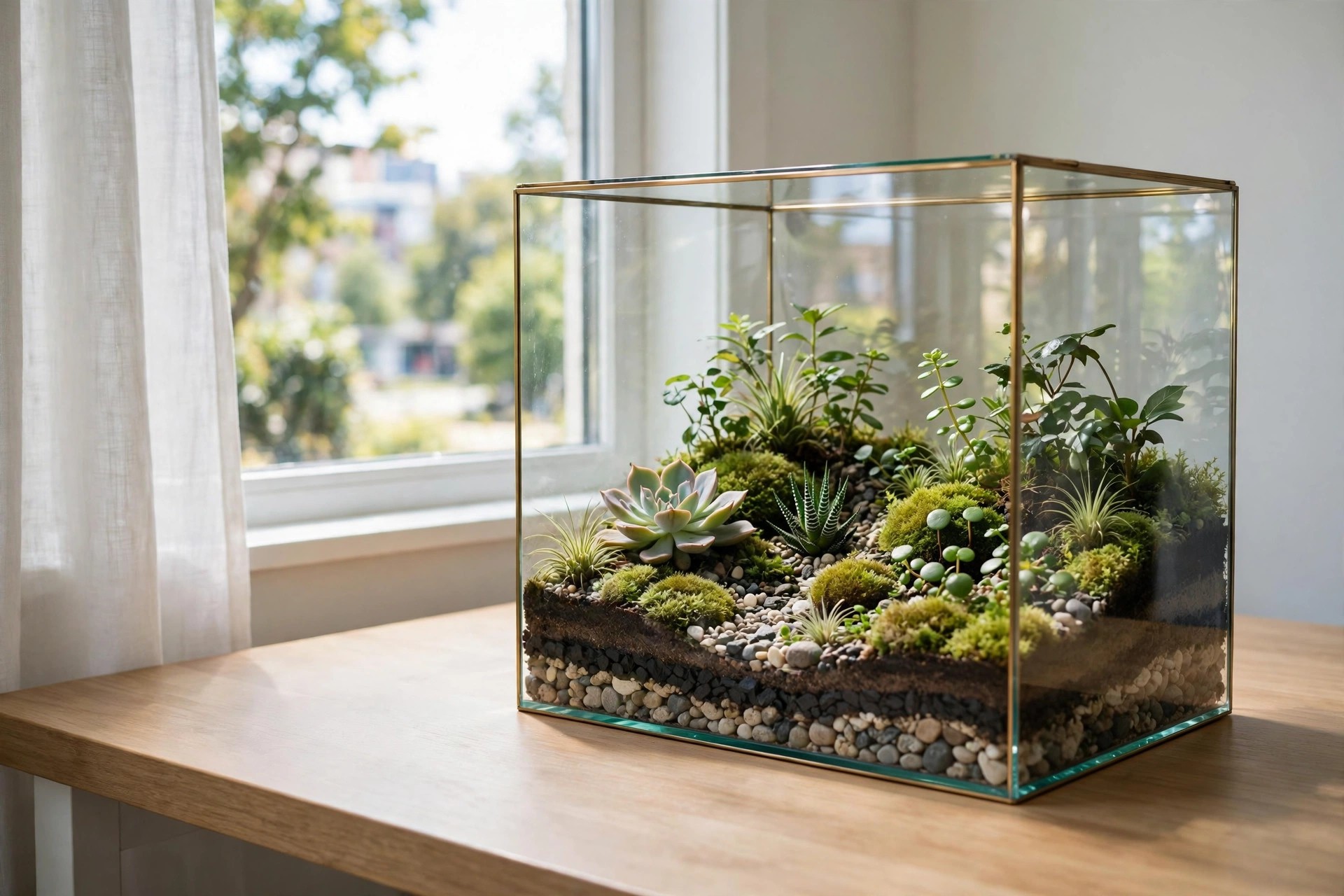 Glass terrarium garden with succulents, moss and pebble layers on a wooden desk beside a window