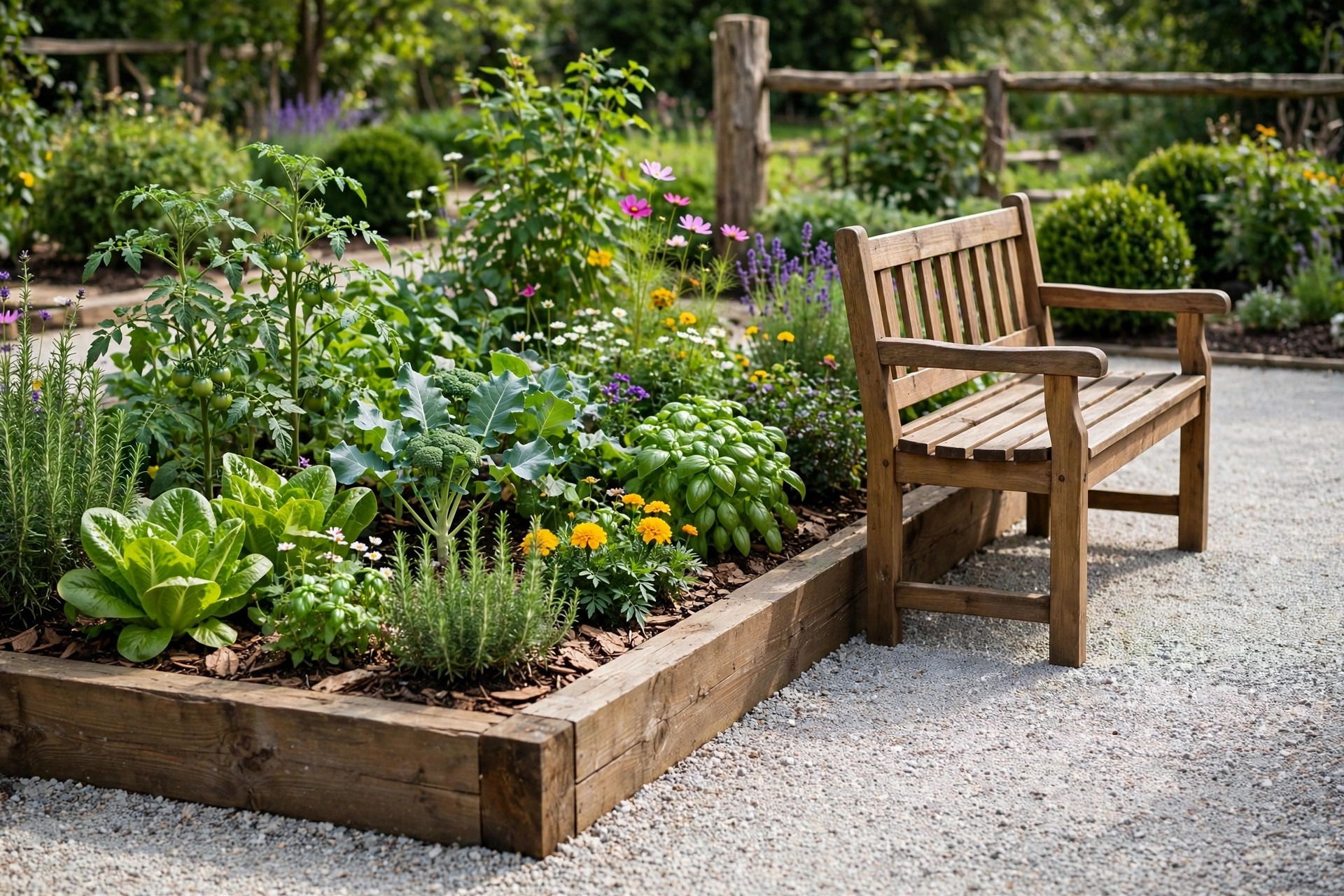 Raised flower and vegetable bed with a sturdy wooden garden bench seat beside it