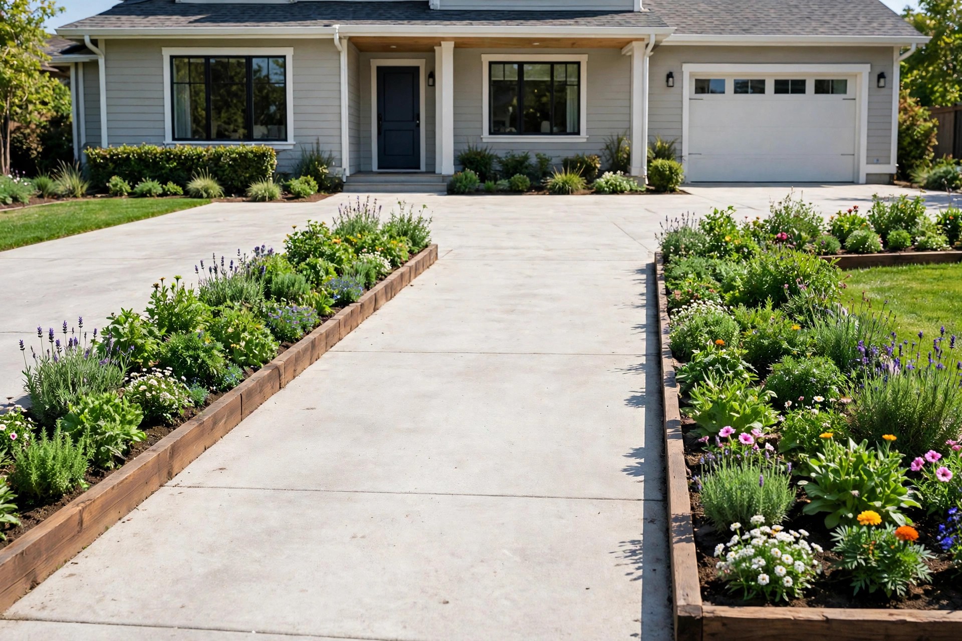 Slim wooden raised beds filled with flowers flanking a clean empty driveway