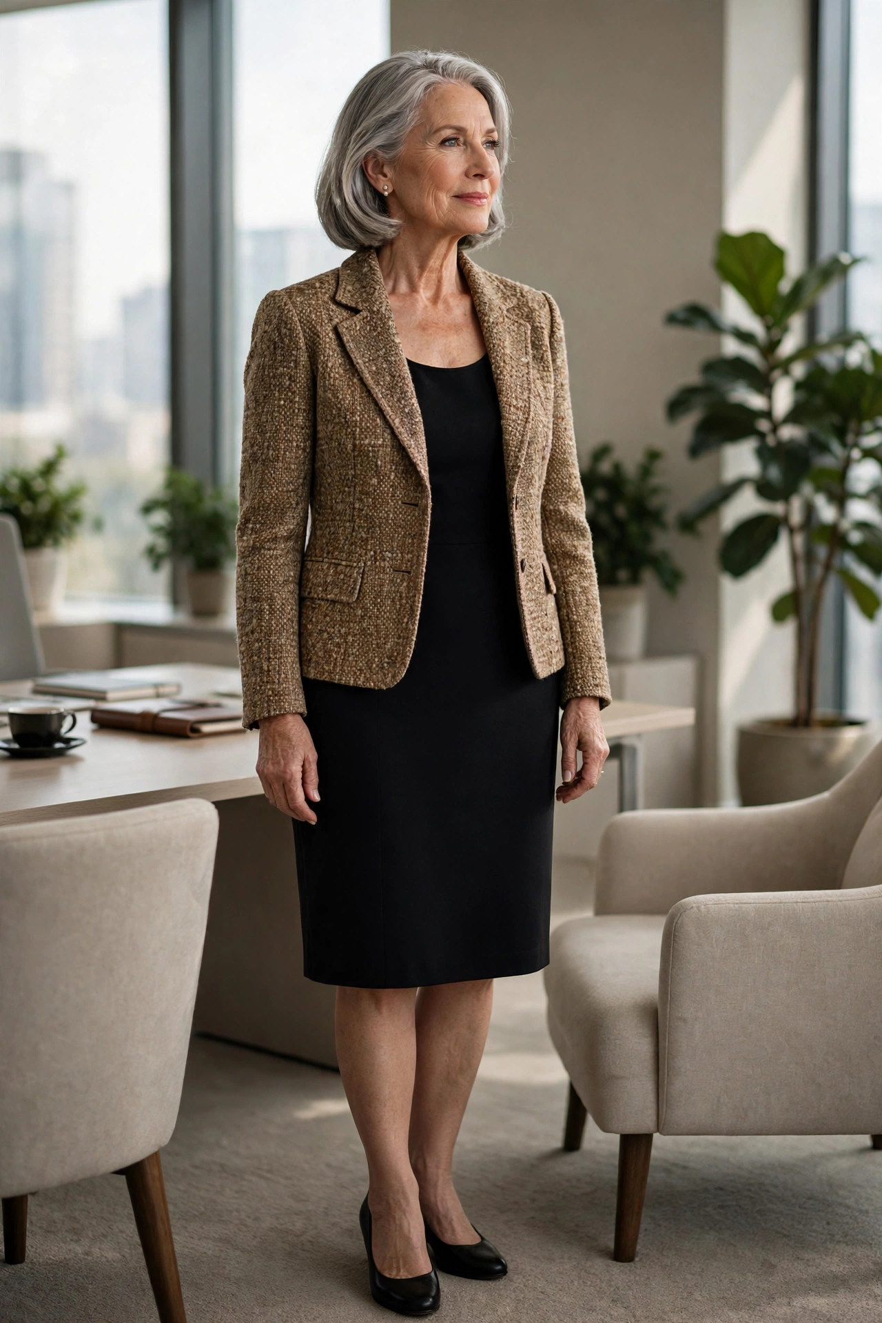 Senior professional woman in a textured tweed jacket over a black sheath dress with pearl stud earrings